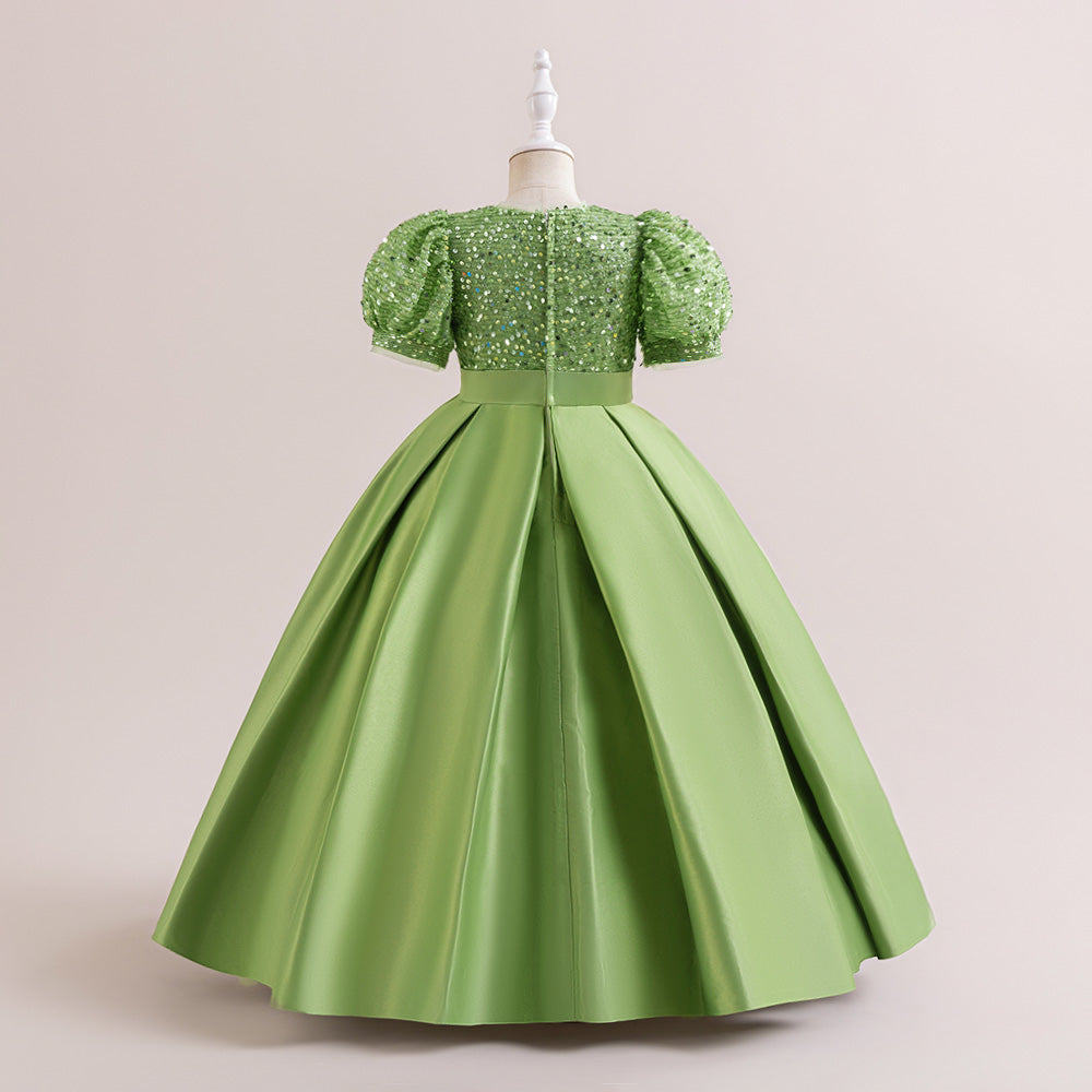 Girls Sequined Puff Sleeve Gown Maxi Dress