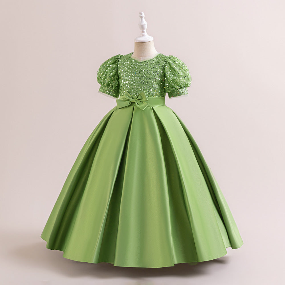 Girls Sequined Puff Sleeve Gown Maxi Dress