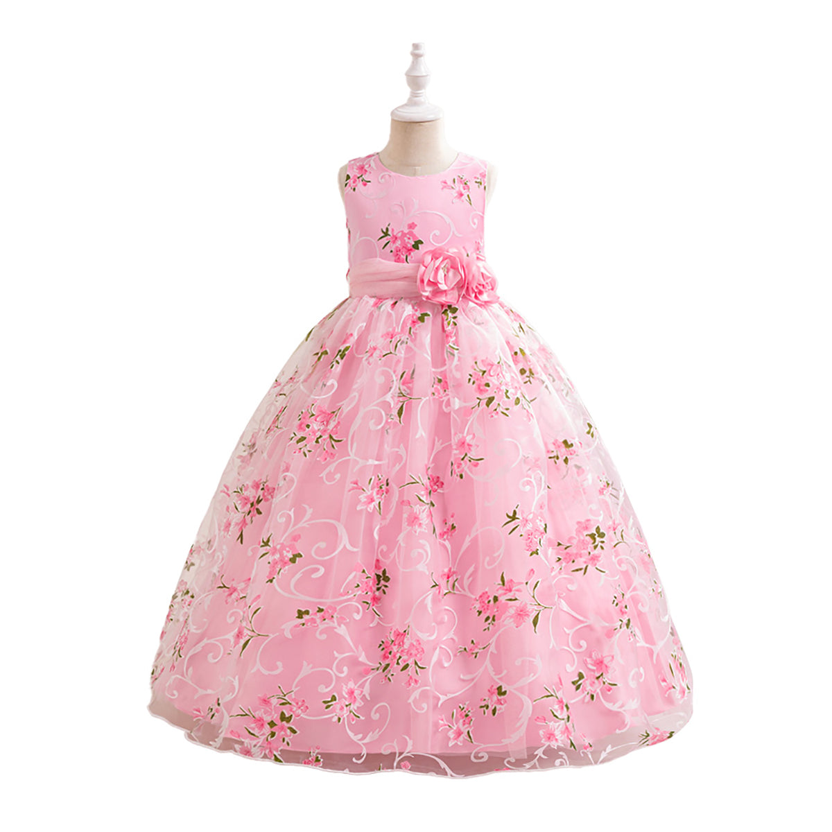 Girls Floral Printed Round Neck Maxi Dress