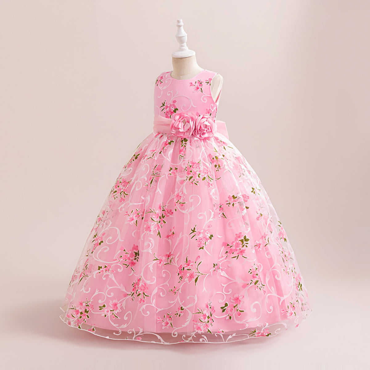 Girls Floral Printed Round Neck Maxi Dress