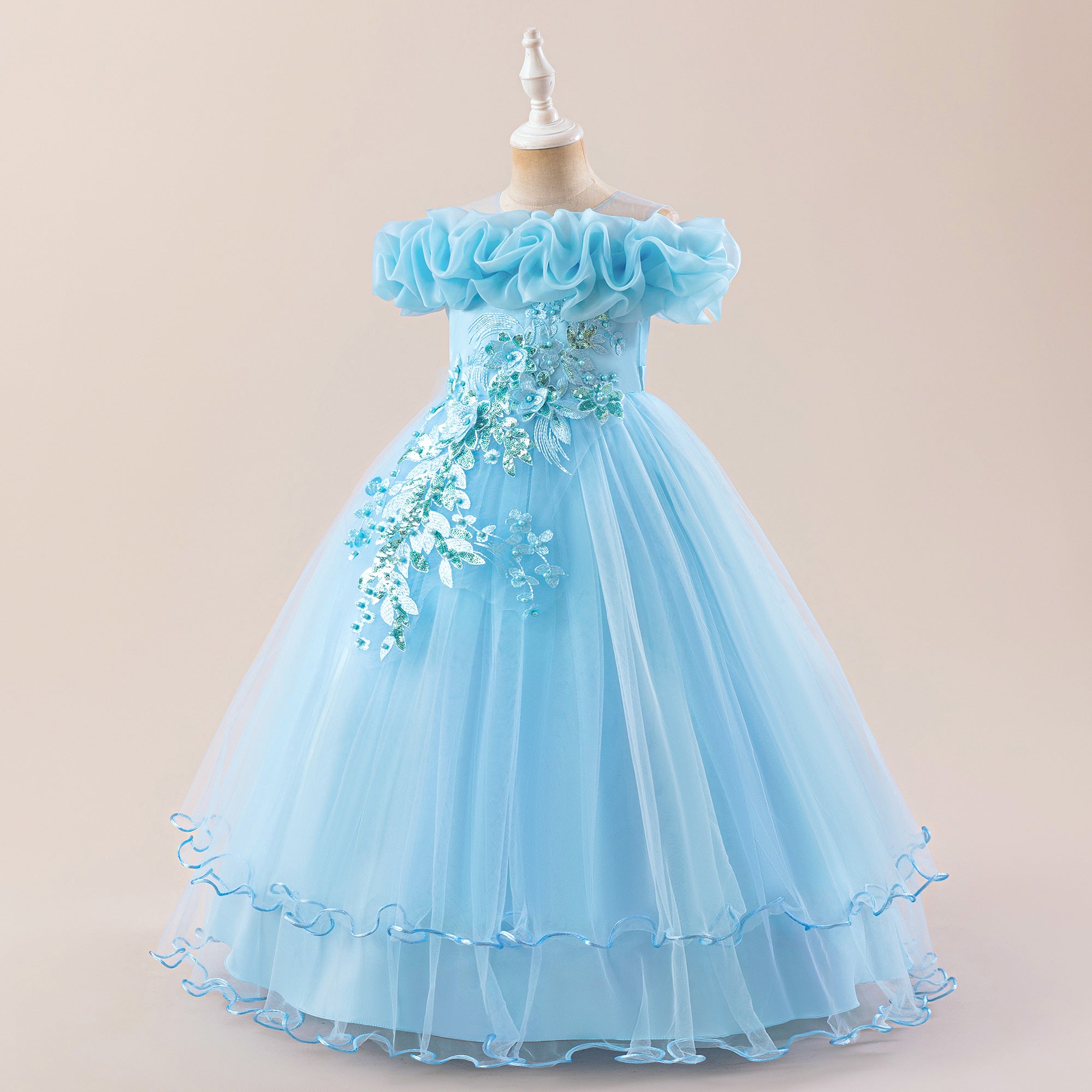 Girls Applique Net Maxi Gown Dress