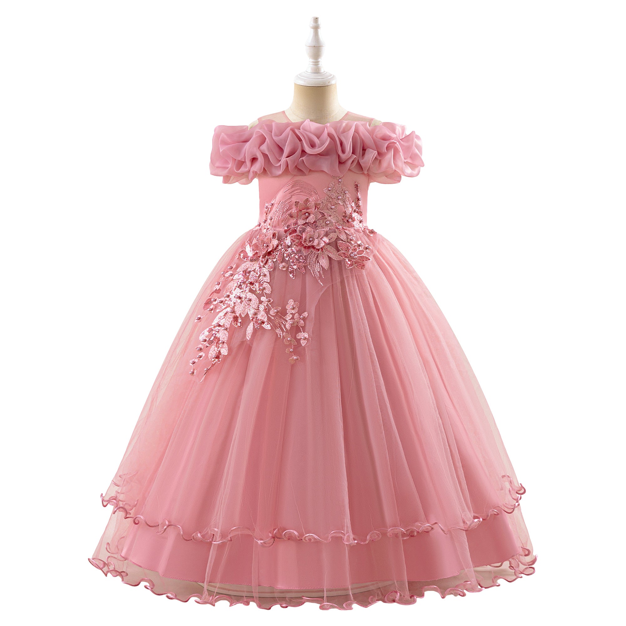 Girls Ruffled Embellished Gown Maxi Dress