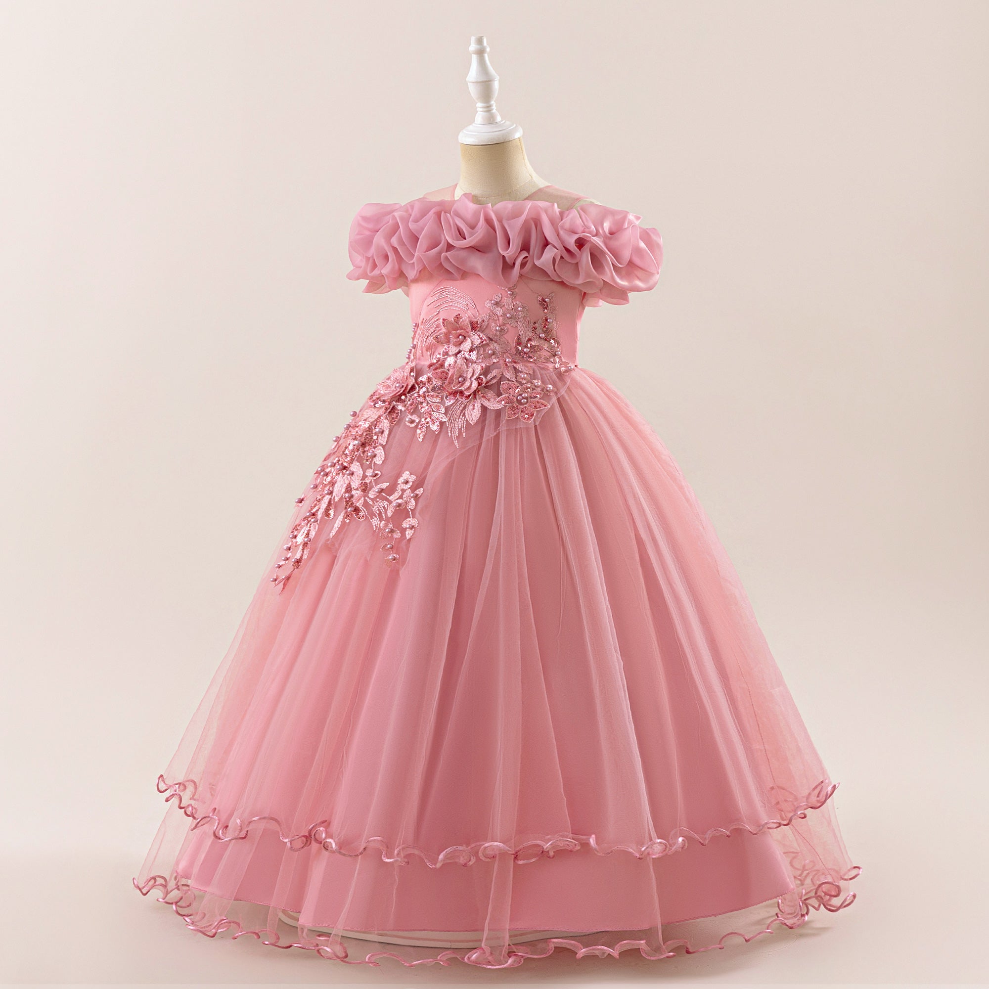 Girls Ruffled Embellished Gown Maxi Dress
