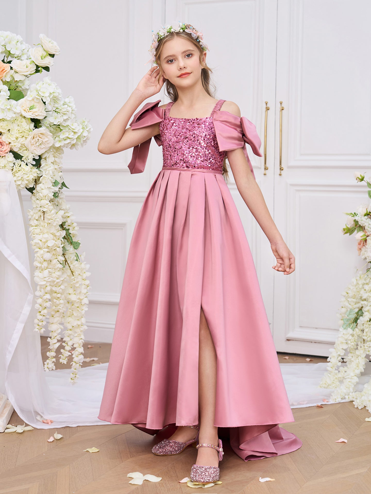Girls Solid Choker Neck Ruffles A-Line Dress
