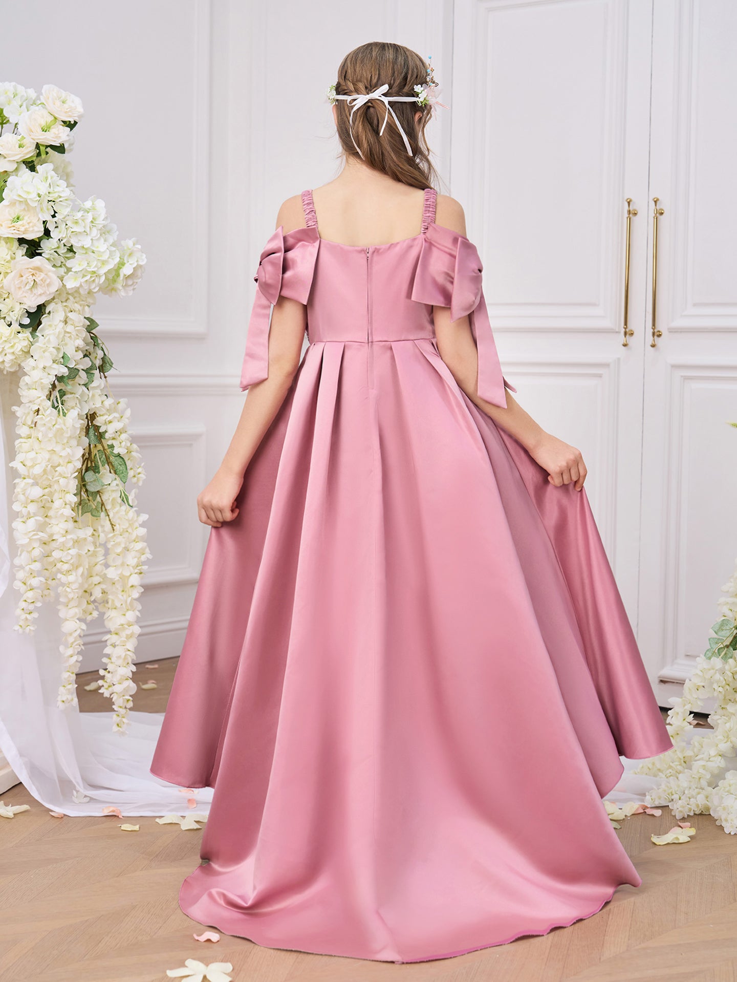 Girls Solid Choker Neck Ruffles A-Line Dress