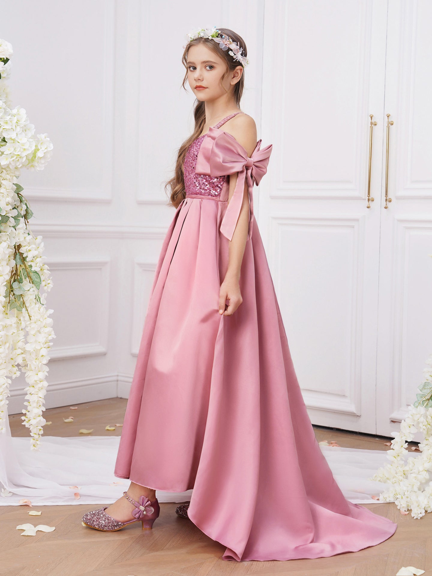 Girls Solid Choker Neck Ruffles A-Line Dress