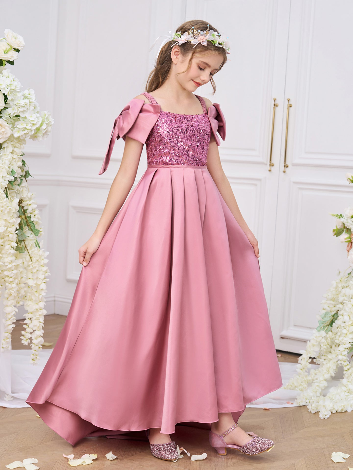 Girls Solid Choker Neck Ruffles A-Line Dress