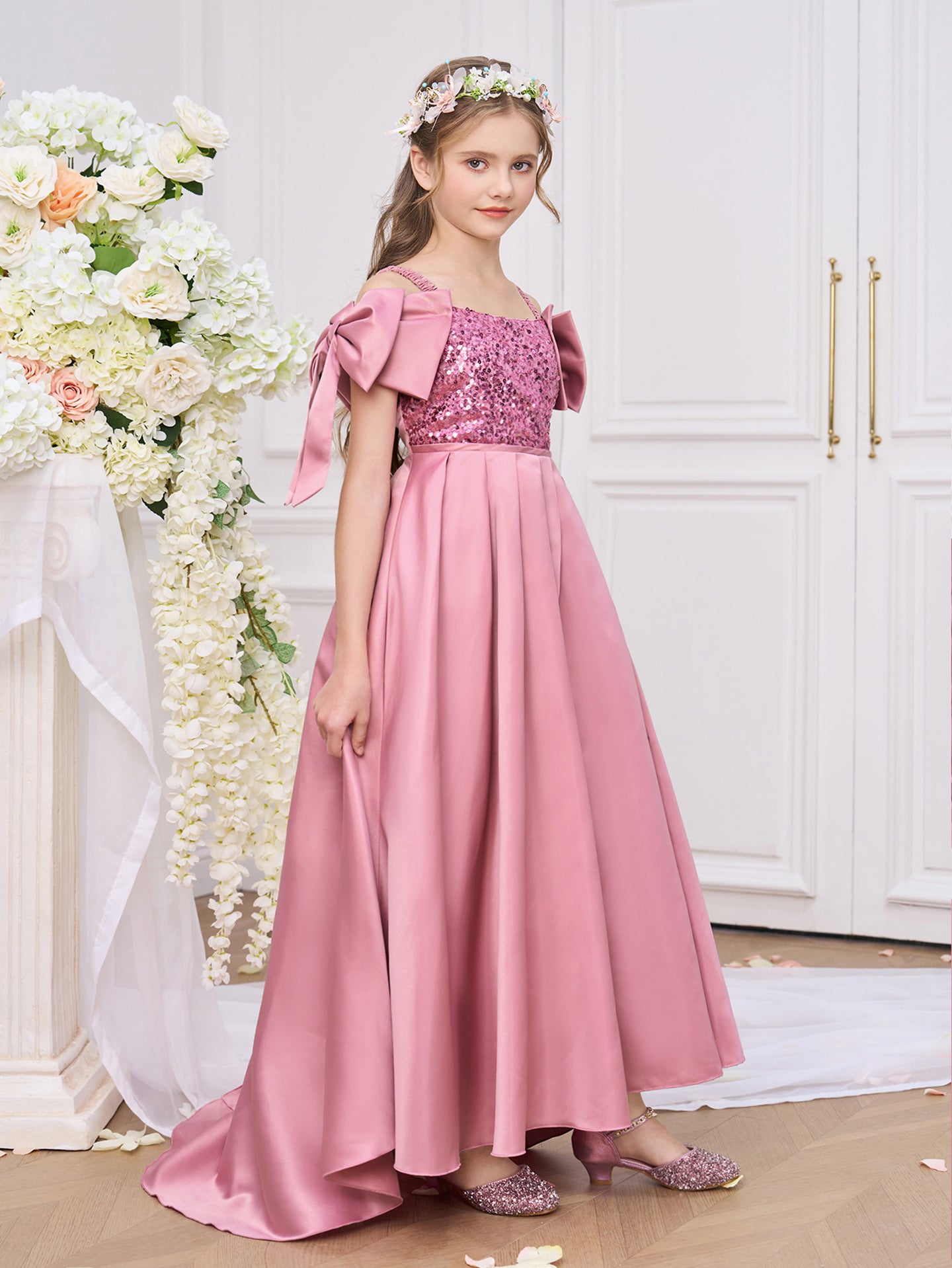 Girls Solid Choker Neck Ruffles A-Line Dress