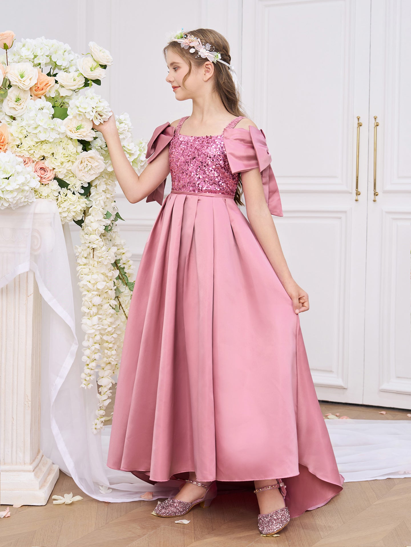 Girls Solid Choker Neck Ruffles A-Line Dress