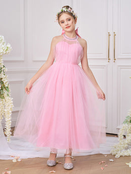 Girls Solid Round Neck Ruffles A-Line Dress