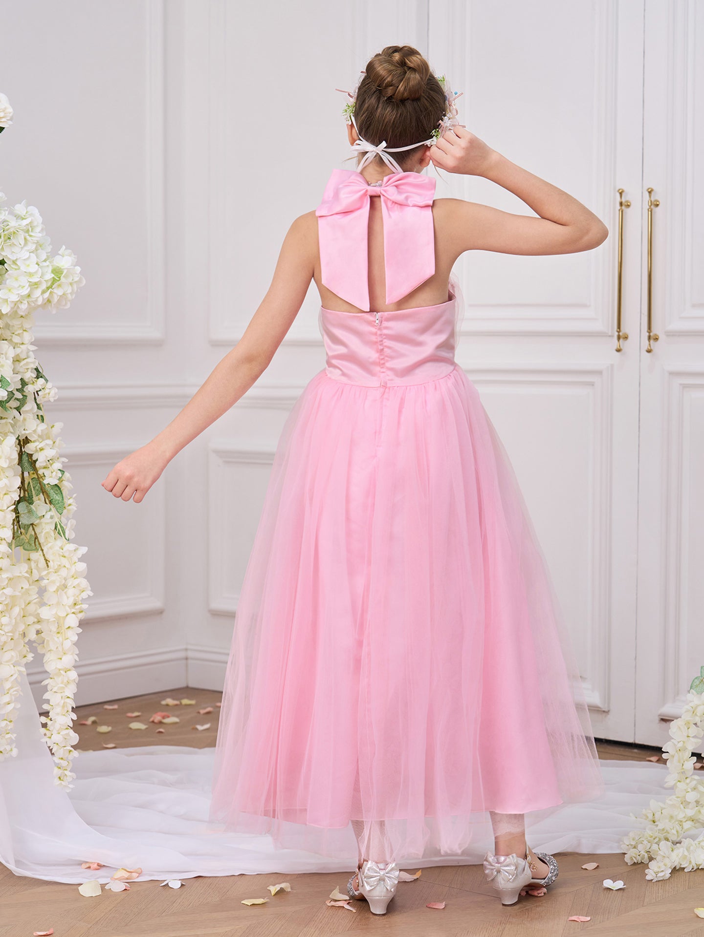 Girls Solid Round Neck Ruffles A-Line Dress