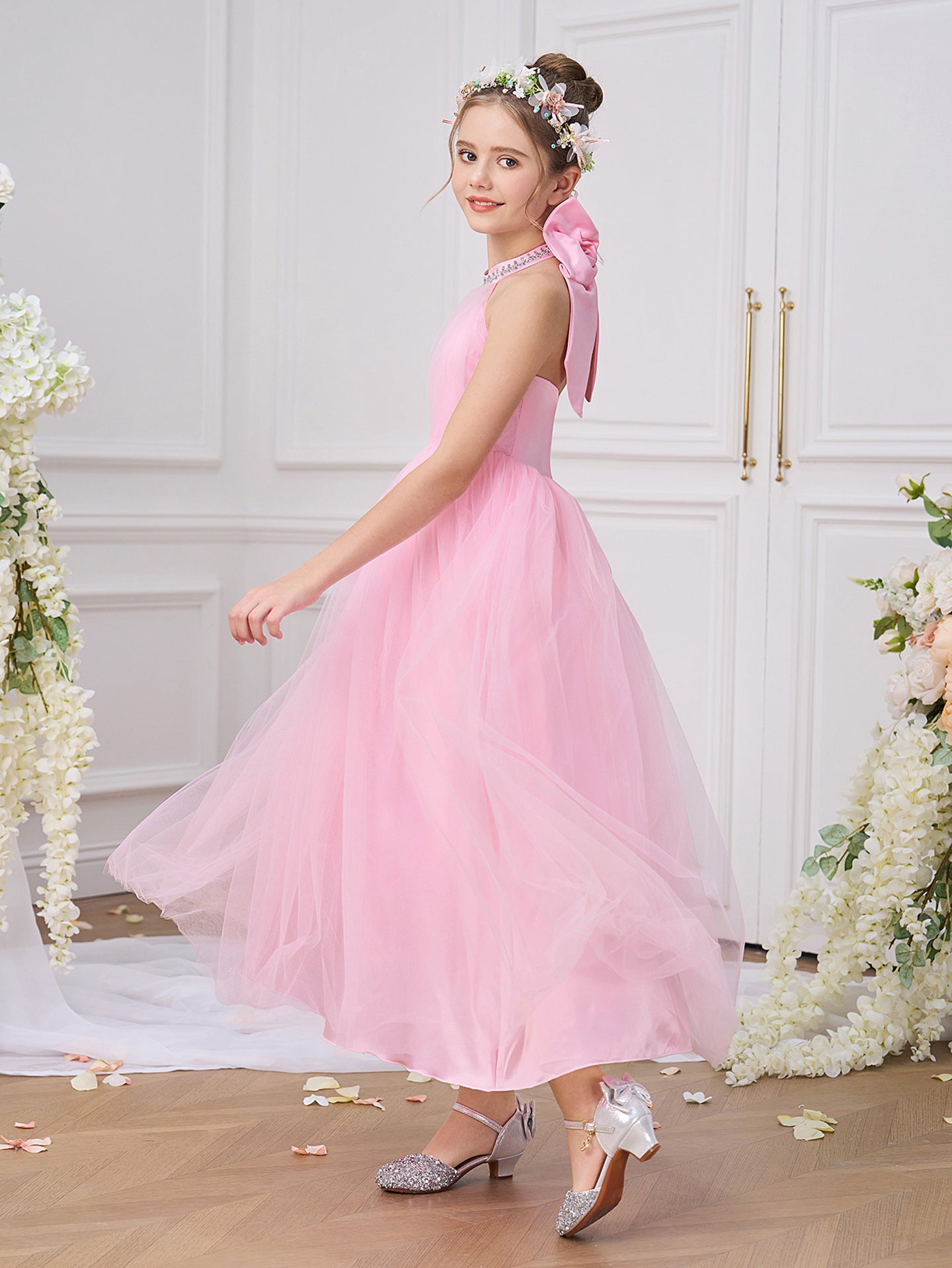 Girls Solid Round Neck Ruffles A-Line Dress
