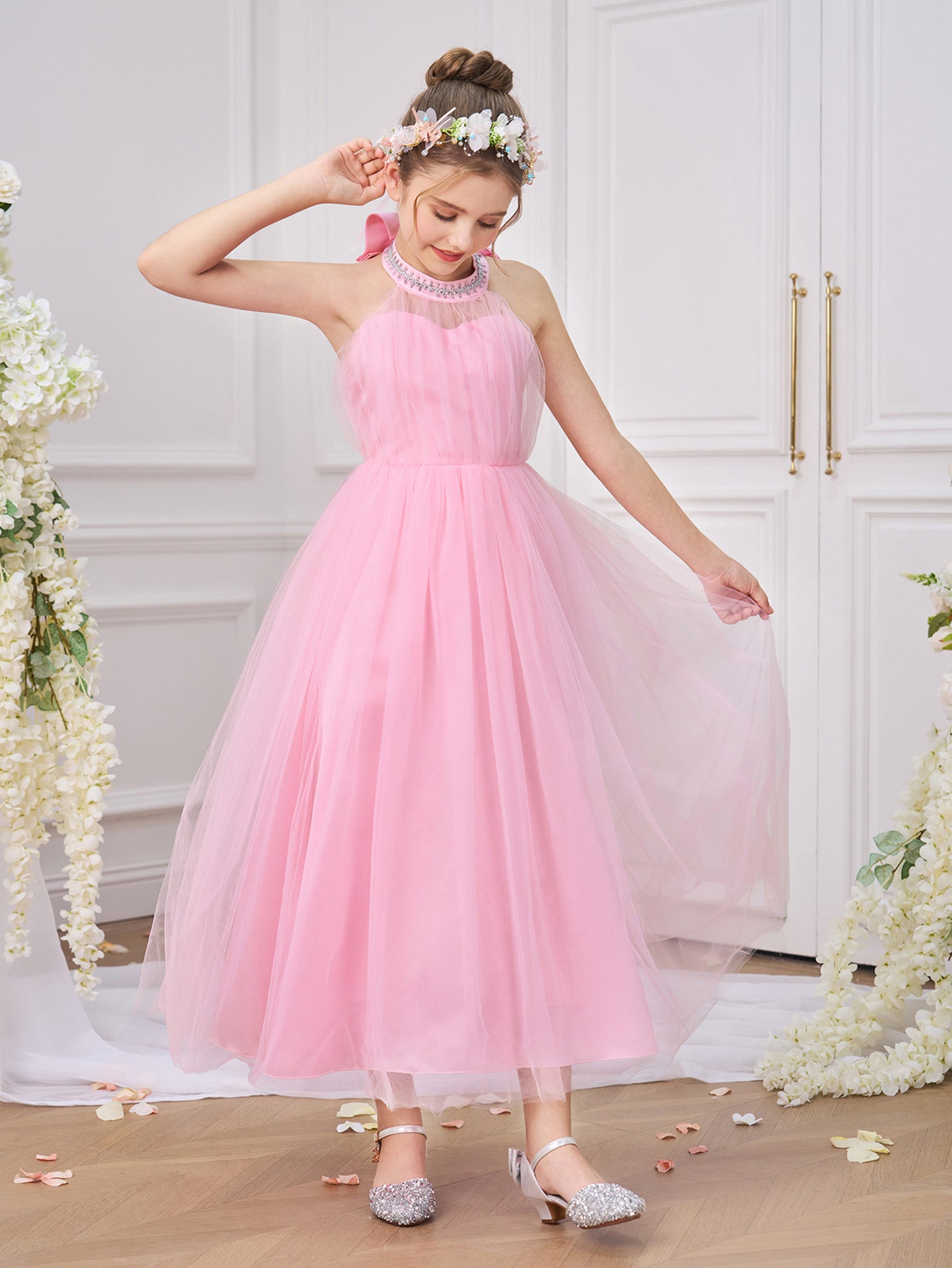 Girls Solid Round Neck Ruffles A-Line Dress