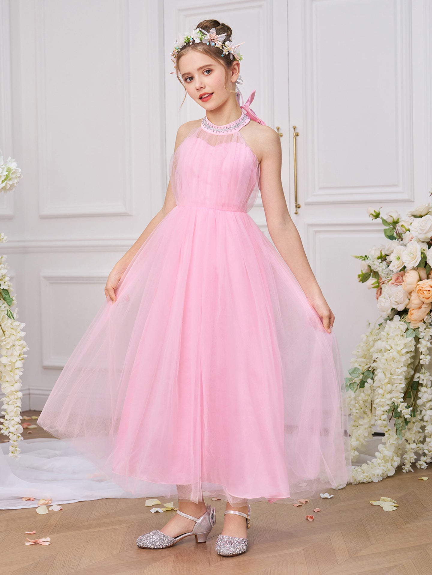 Girls Solid Round Neck Ruffles A-Line Dress
