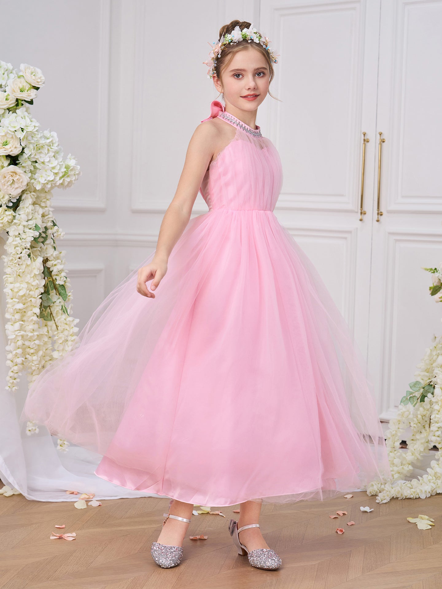 Girls Solid Round Neck Ruffles A-Line Dress
