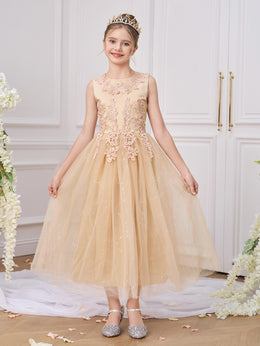 Girls Solid Round Neck Ruffles A-Line Dress