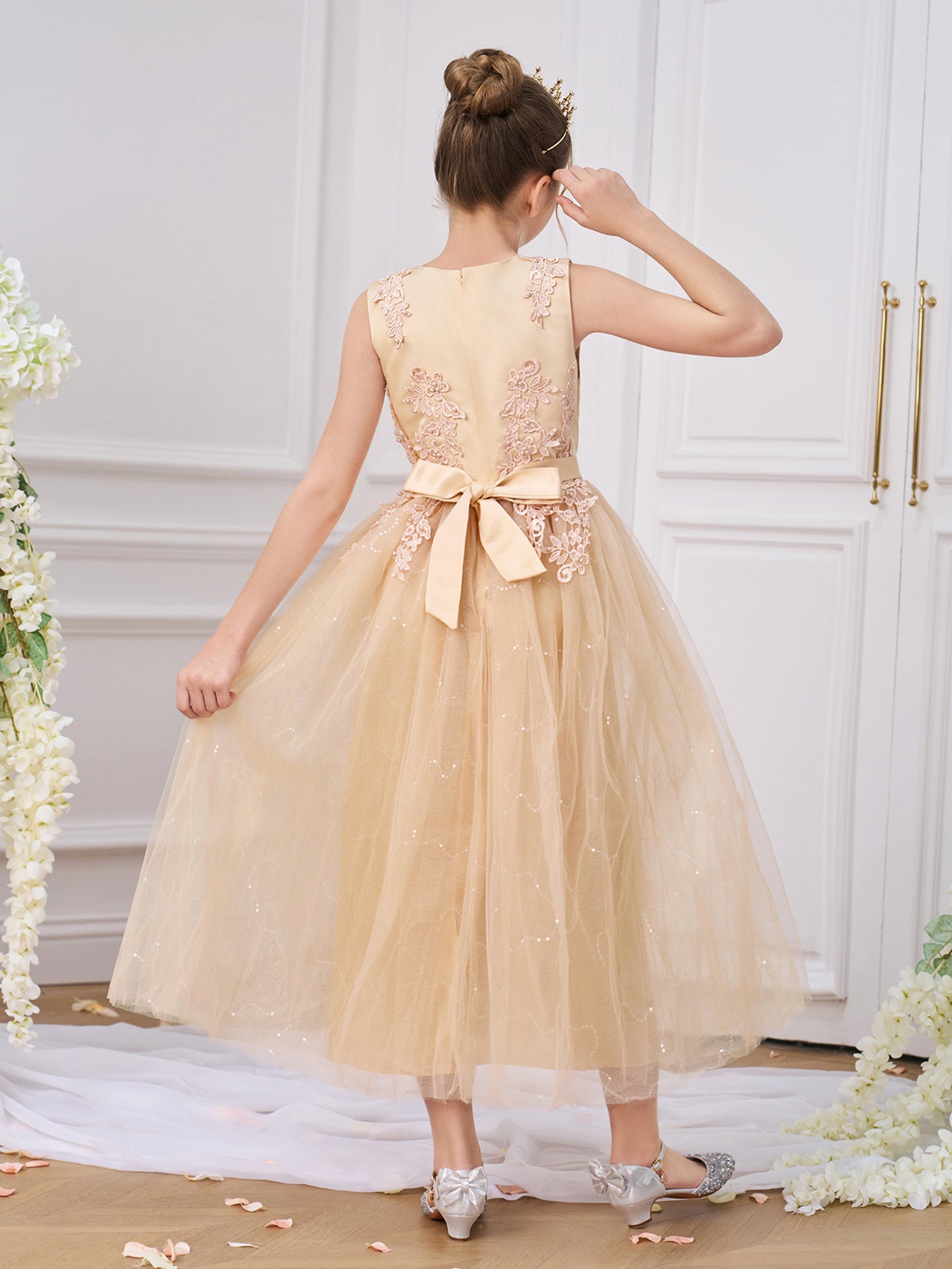 Girls Solid Round Neck Ruffles A-Line Dress