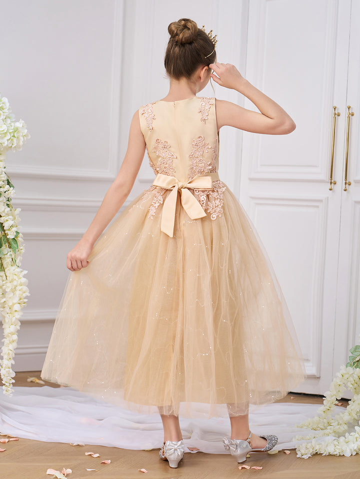 Girls Solid Round Neck Ruffles A-Line Dress