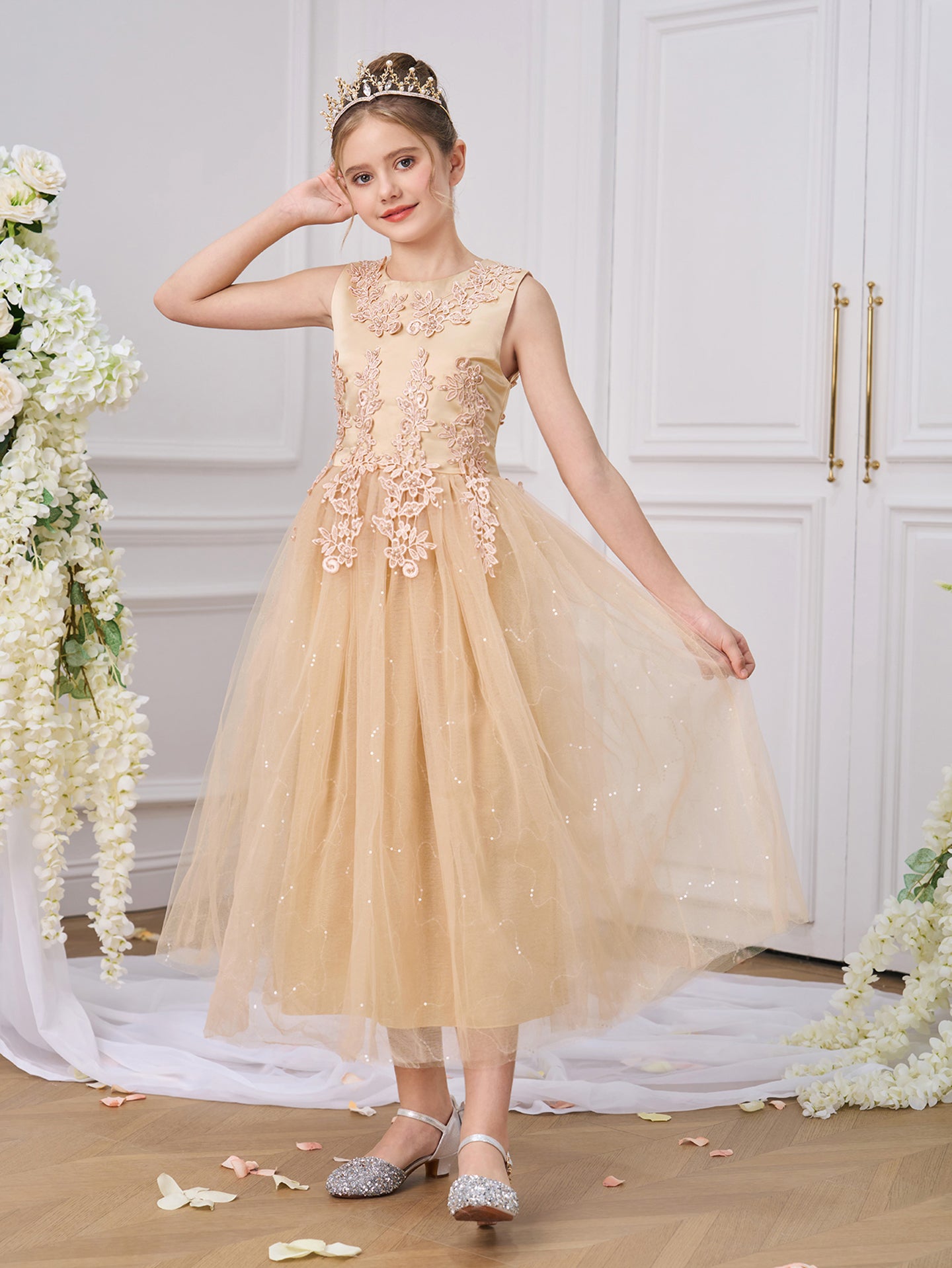 Girls Solid Round Neck Ruffles A-Line Dress