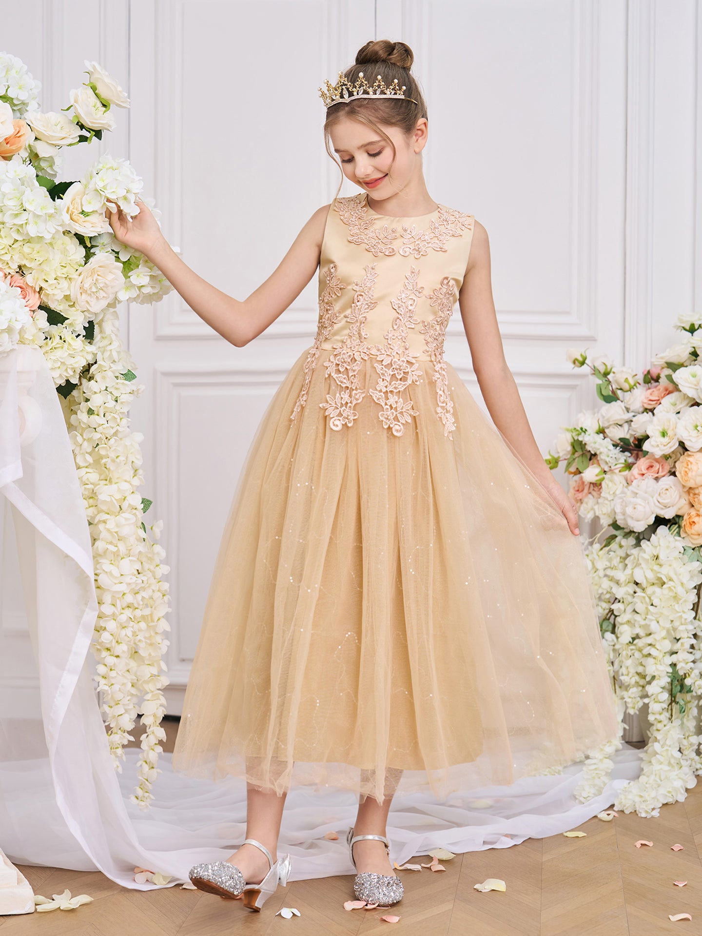 Girls Solid Round Neck Ruffles A-Line Dress