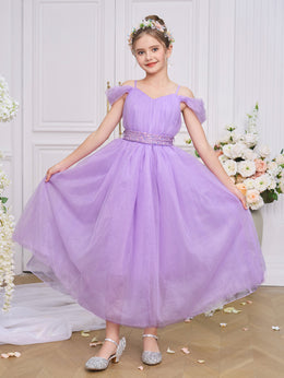 Girls Solid Round Neck Ruffles A-Line Dress