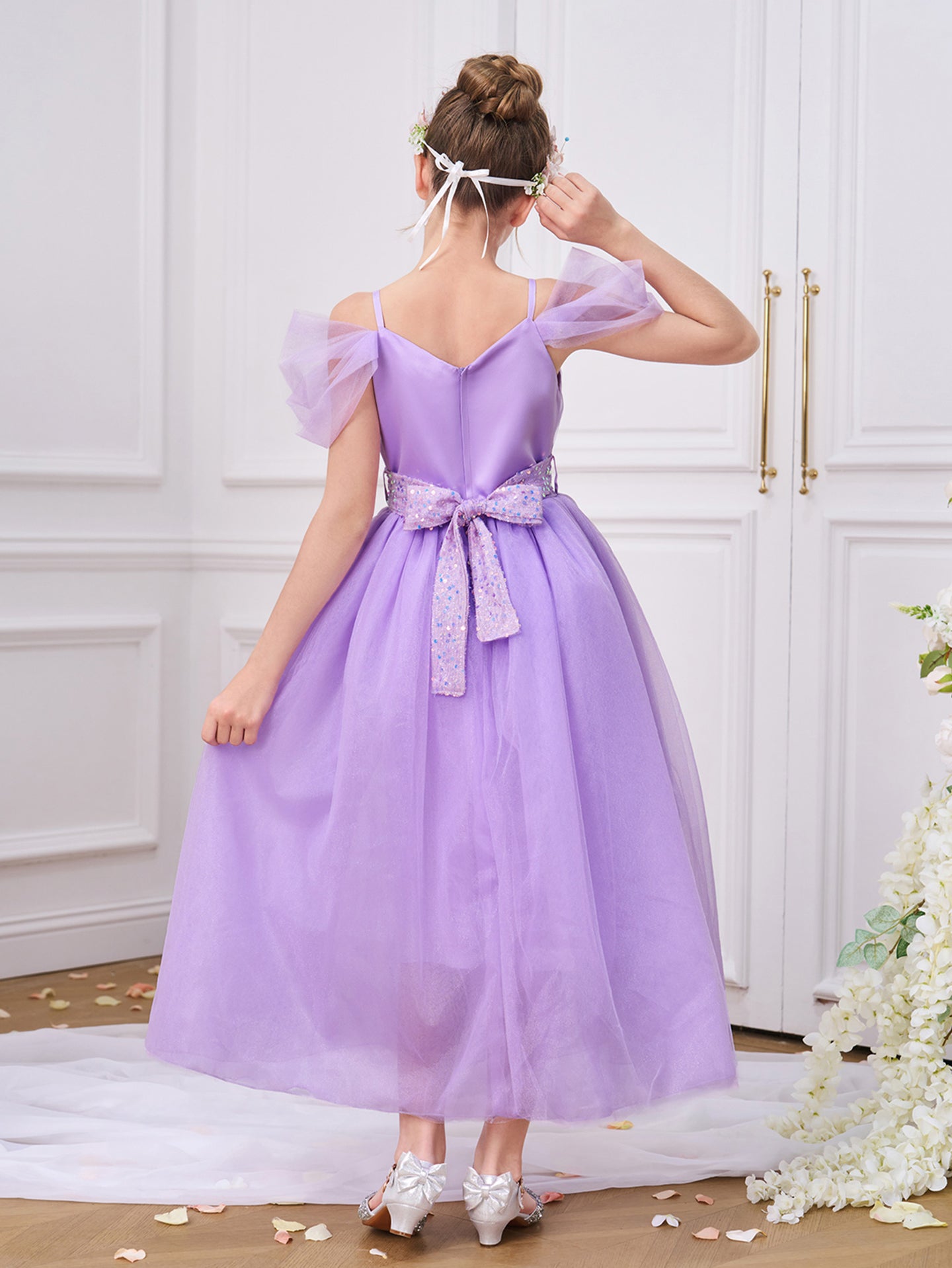 Girls Solid Round Neck Ruffles A-Line Dress