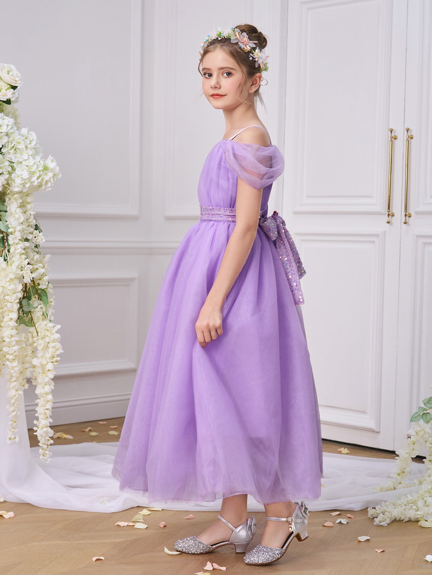 Girls Solid Round Neck Ruffles A-Line Dress