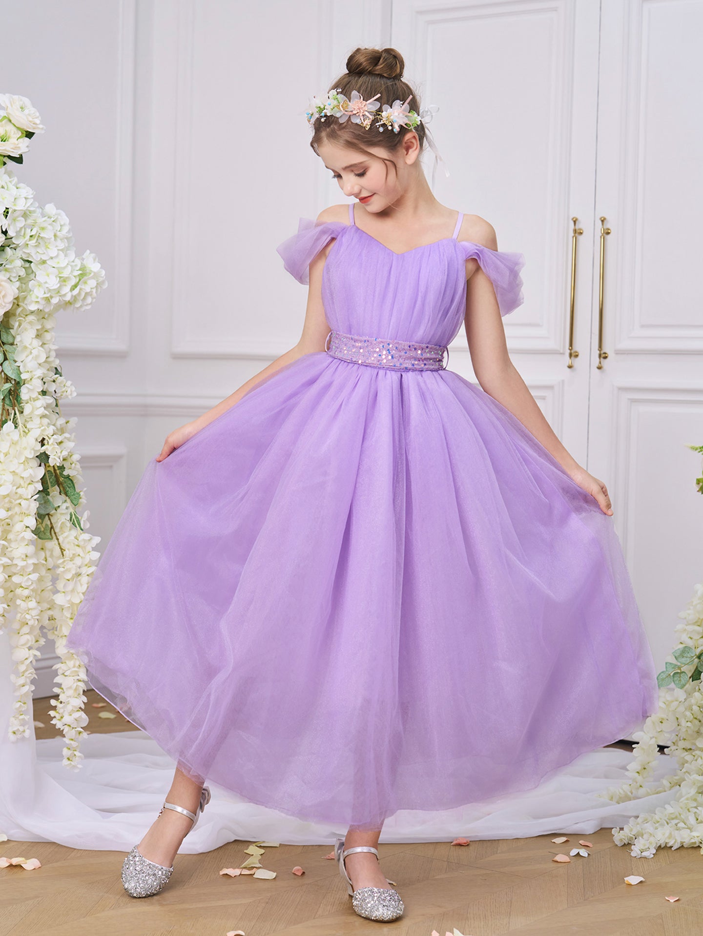 Girls Solid Round Neck Ruffles A-Line Dress