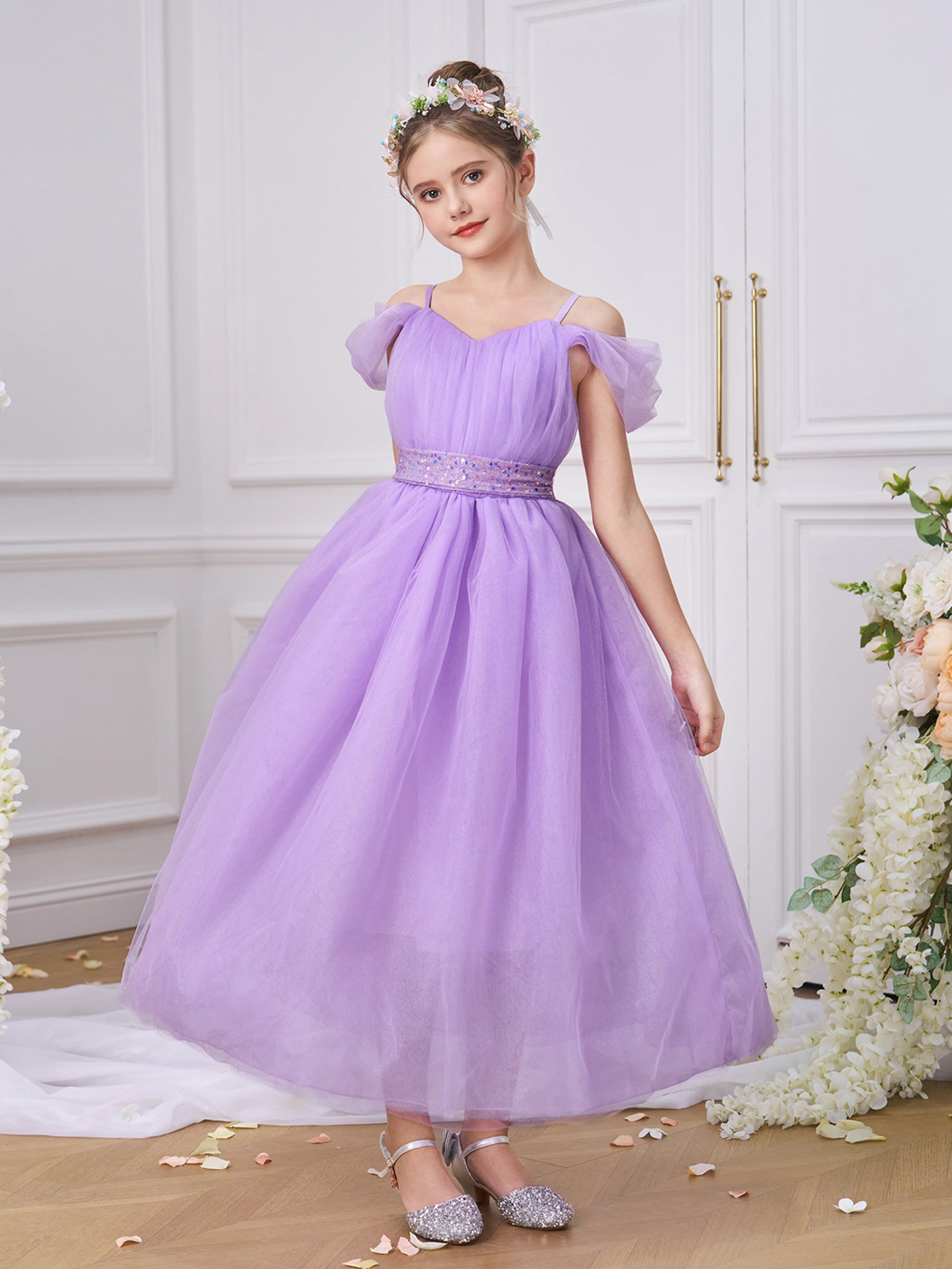 Girls Solid Round Neck Ruffles A-Line Dress