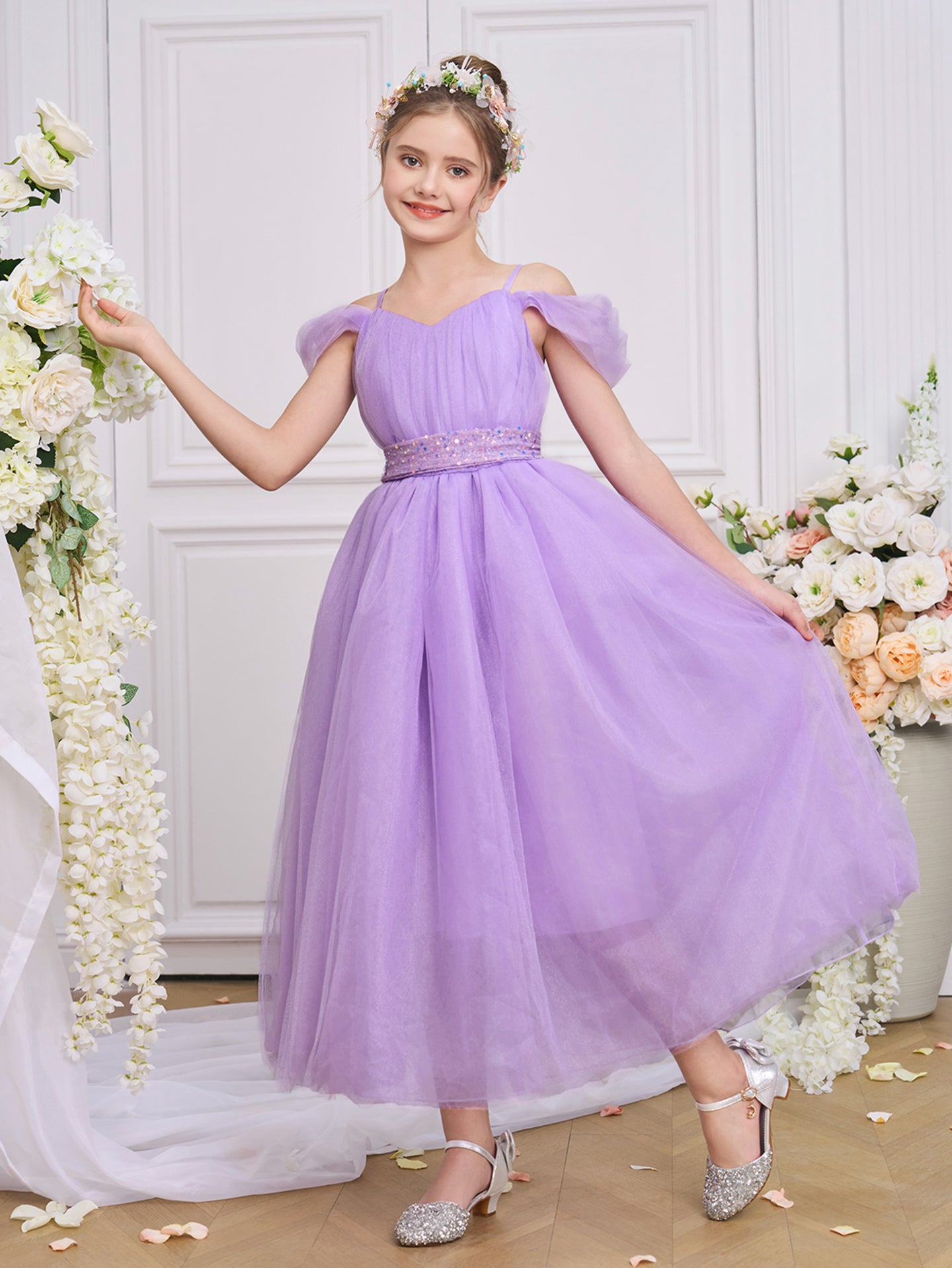 Girls Solid Round Neck Ruffles A-Line Dress