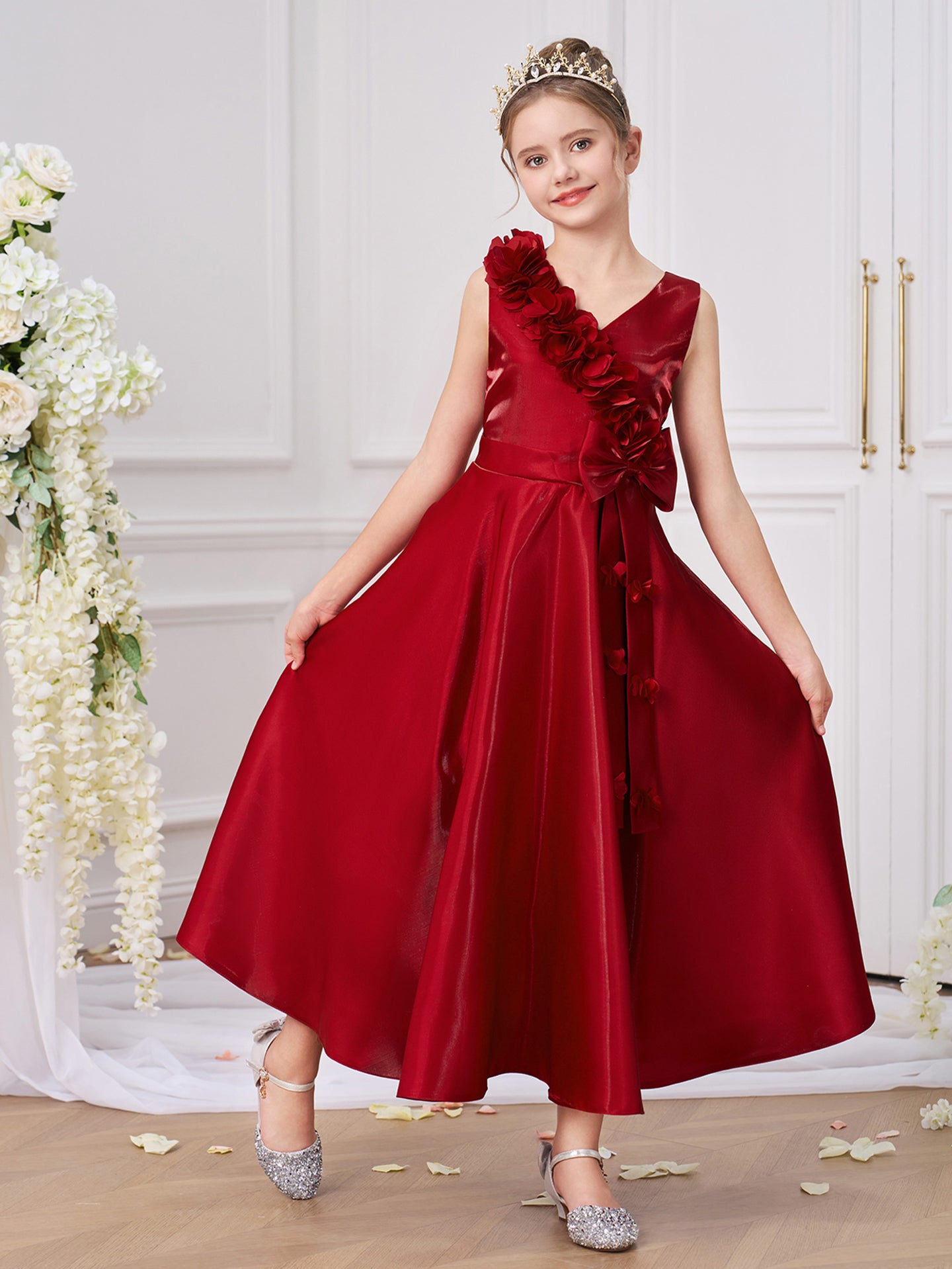 Girls Solid Round Neck Ruffles A-Line Dress