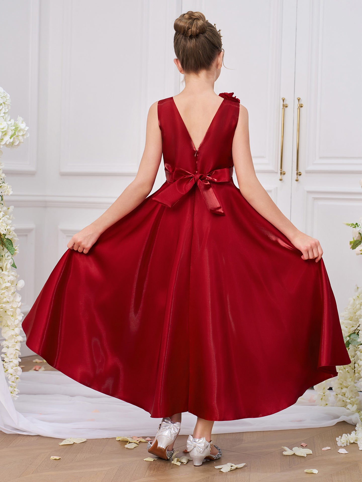 Girls Solid Round Neck Ruffles A-Line Dress