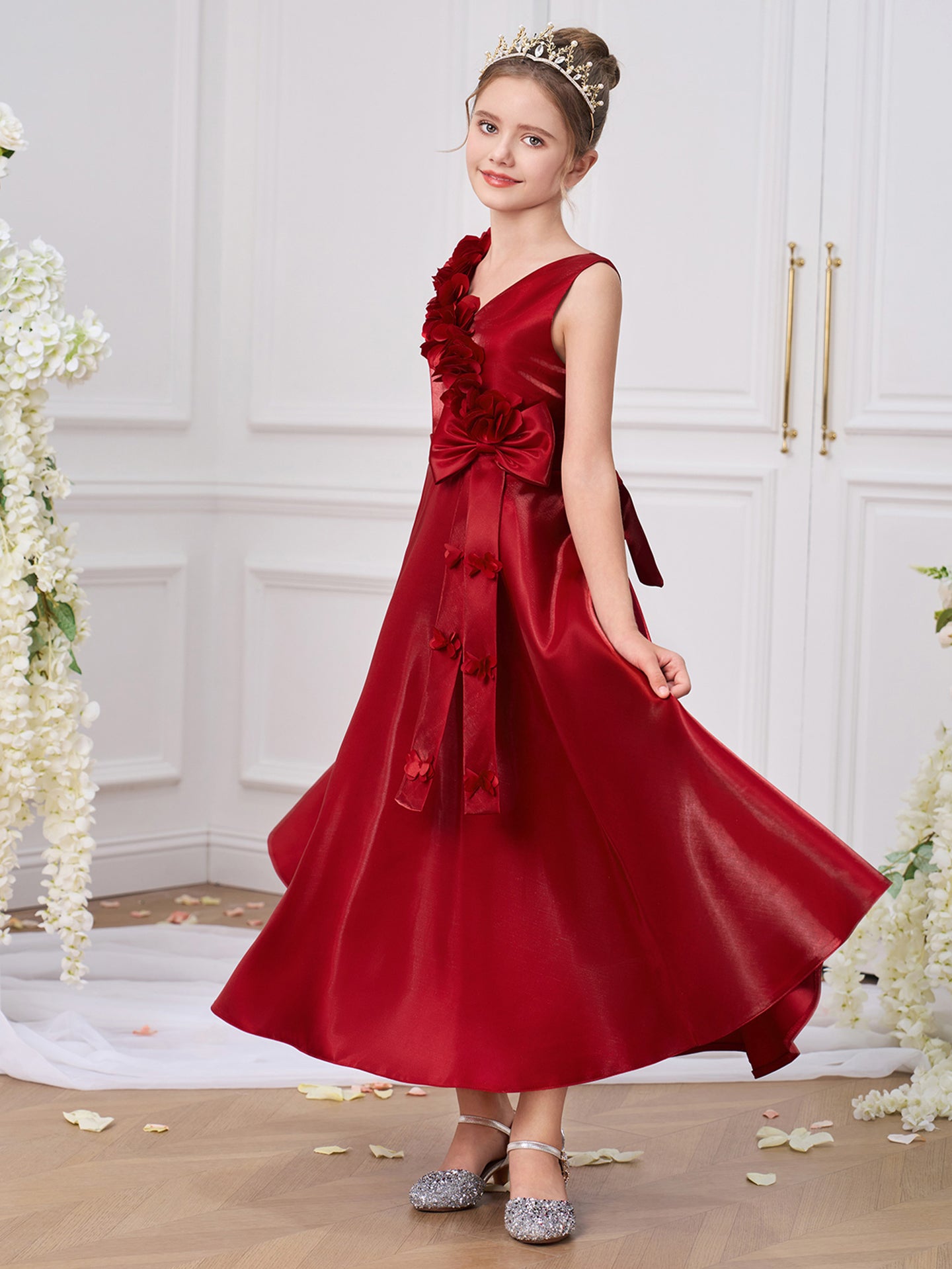 Girls Solid Round Neck Ruffles A-Line Dress