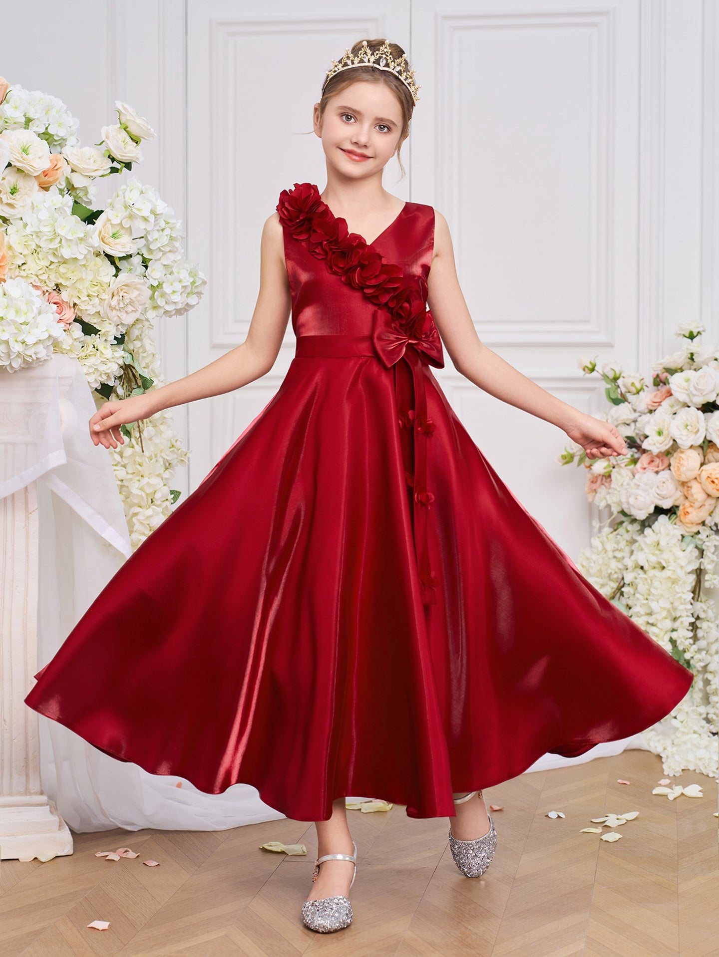 Girls Solid Round Neck Ruffles A-Line Dress