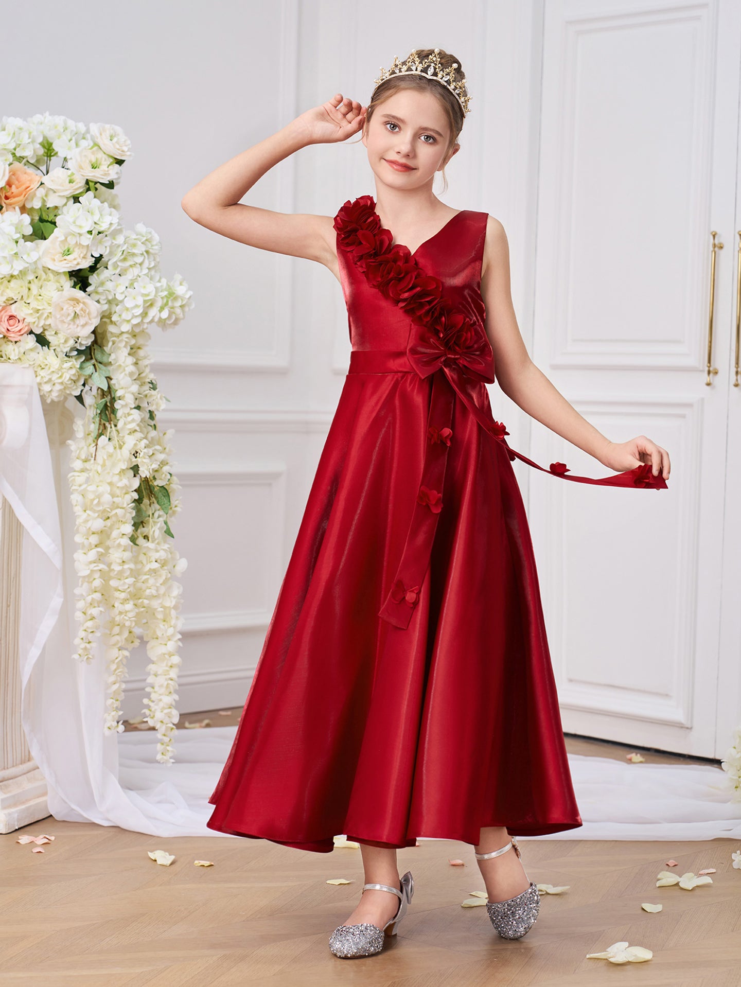Girls Solid Round Neck Ruffles A-Line Dress