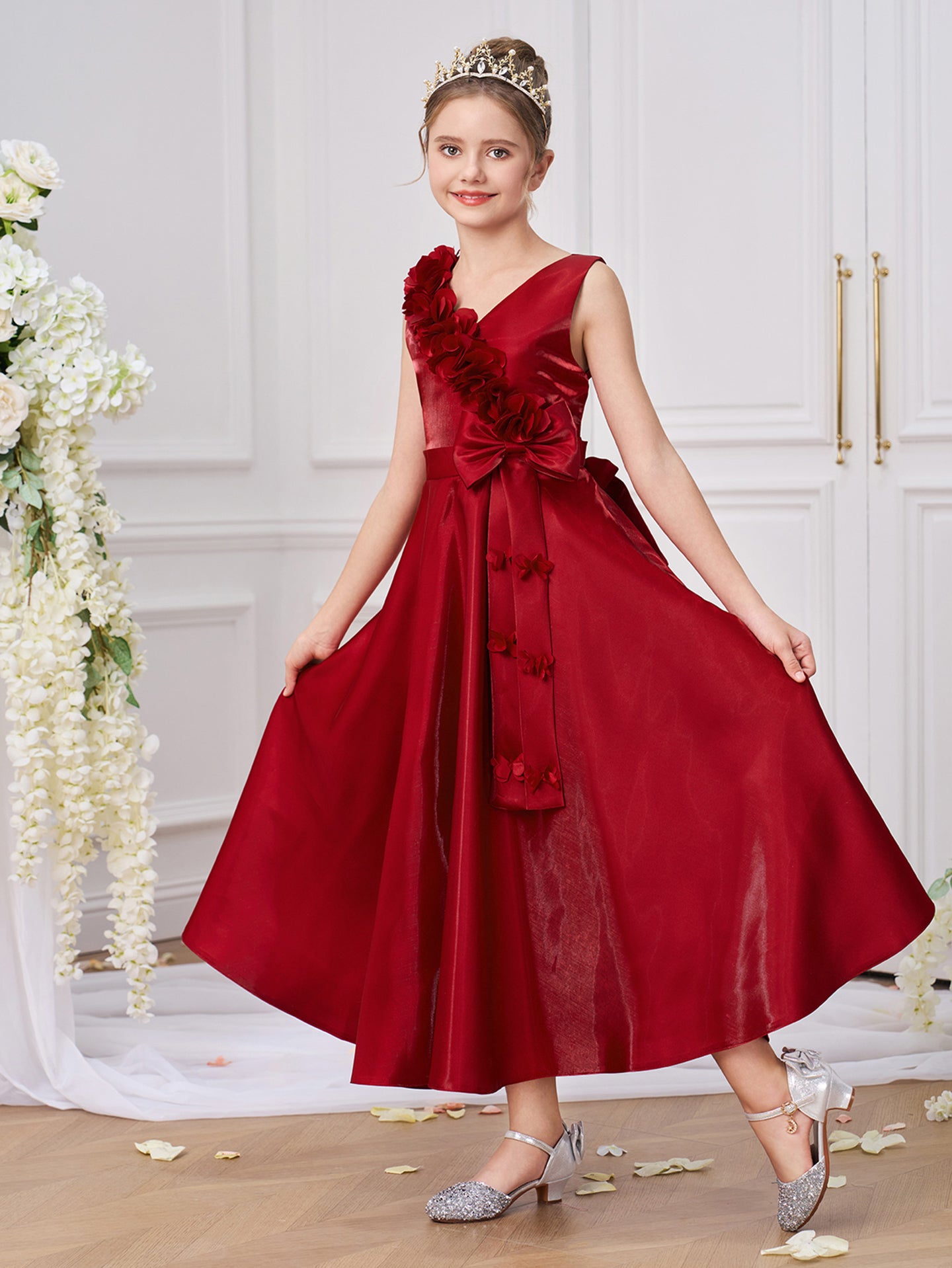 Girls Solid Round Neck Ruffles A-Line Dress
