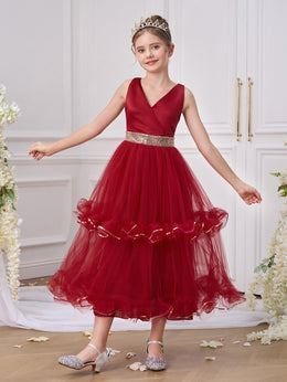 Girls Solid V-Neck Ruffles A-Line Dress