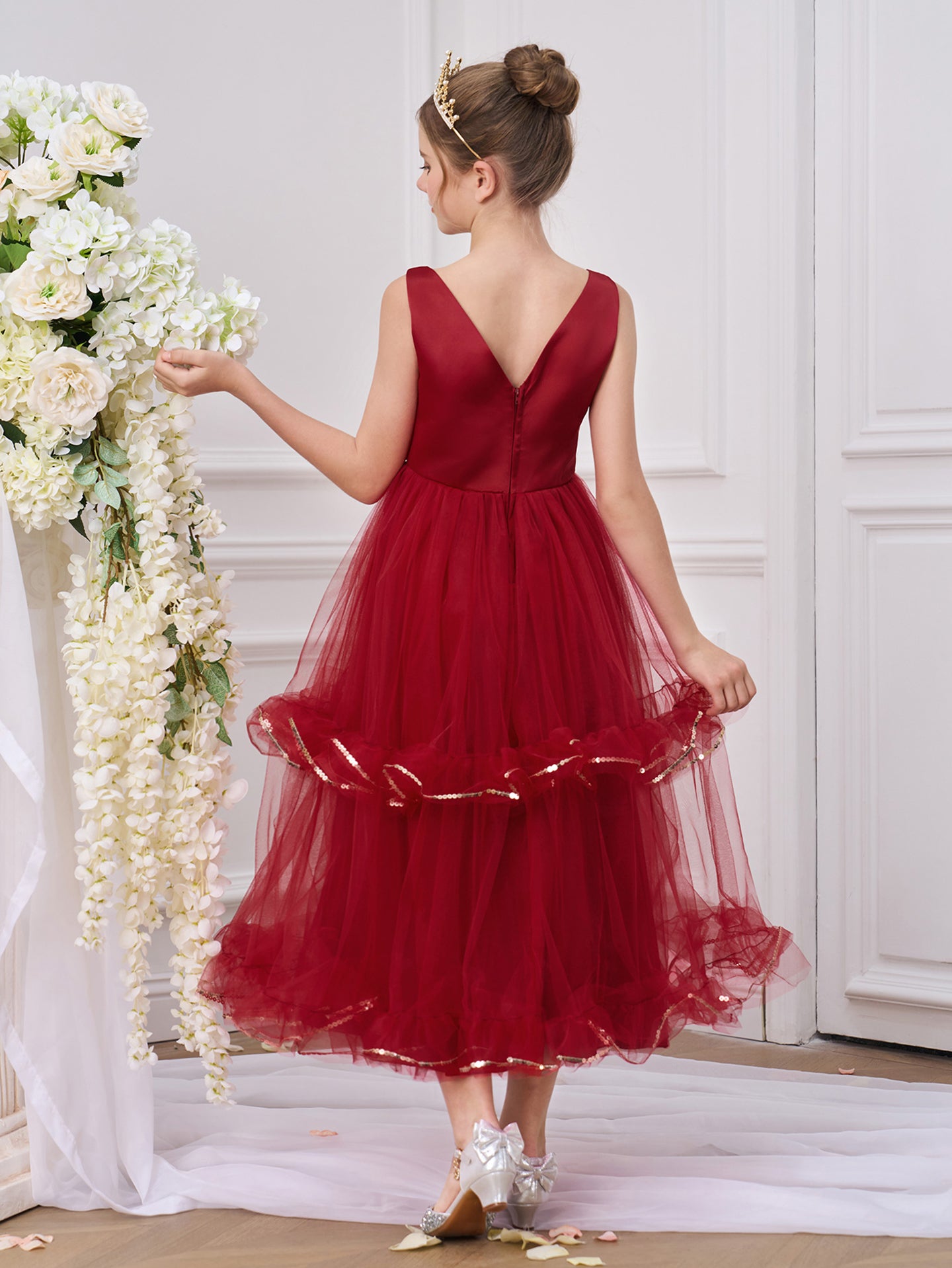 Girls Solid V-Neck Ruffles A-Line Dress