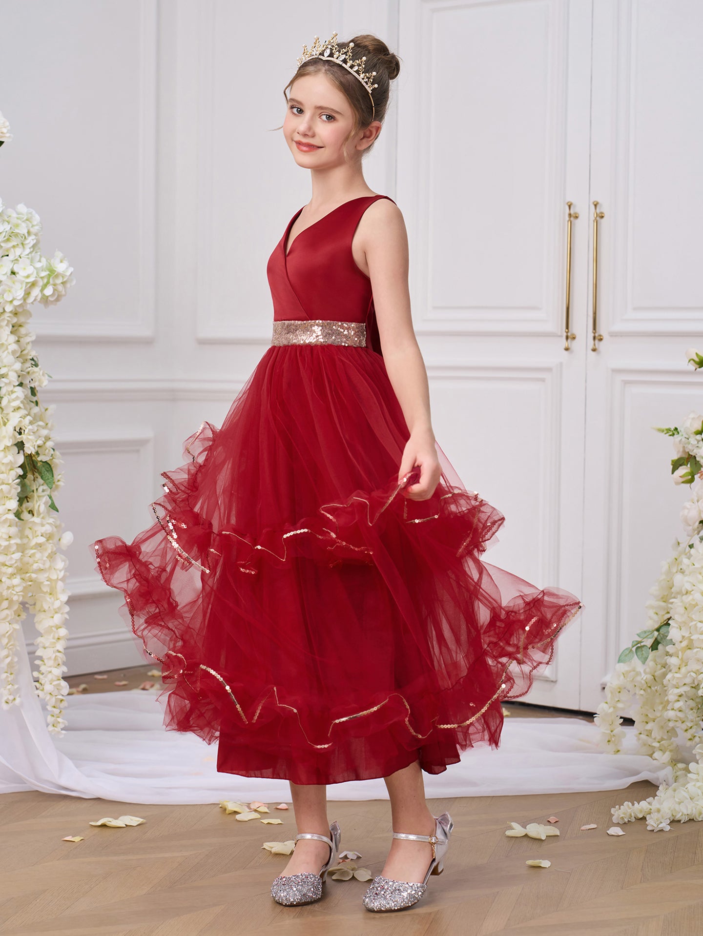 Girls Solid V-Neck Ruffles A-Line Dress