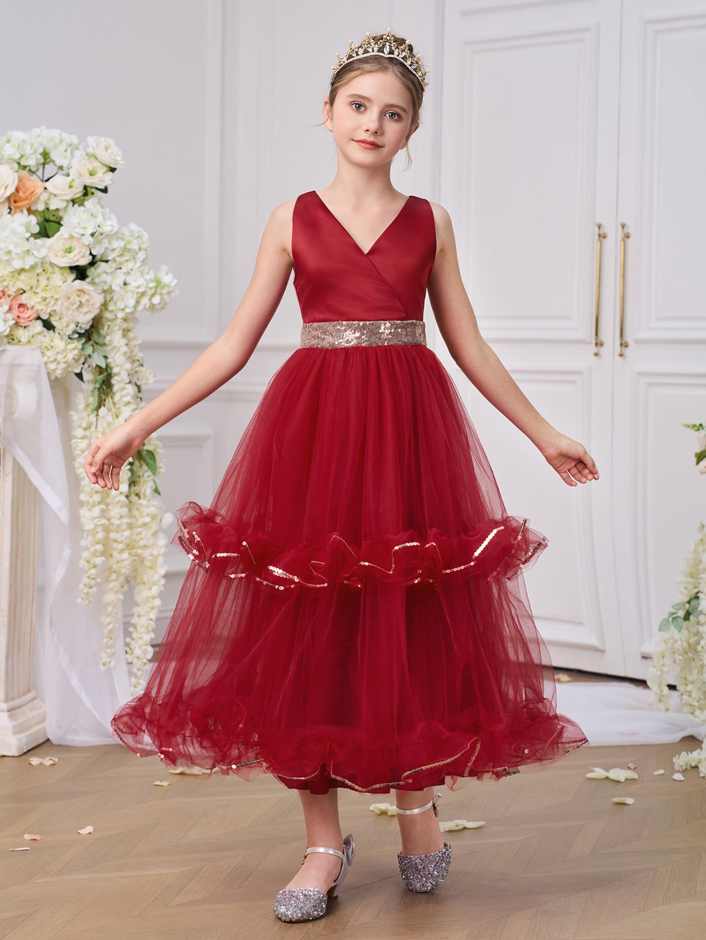 Girls Solid V-Neck Ruffles A-Line Dress