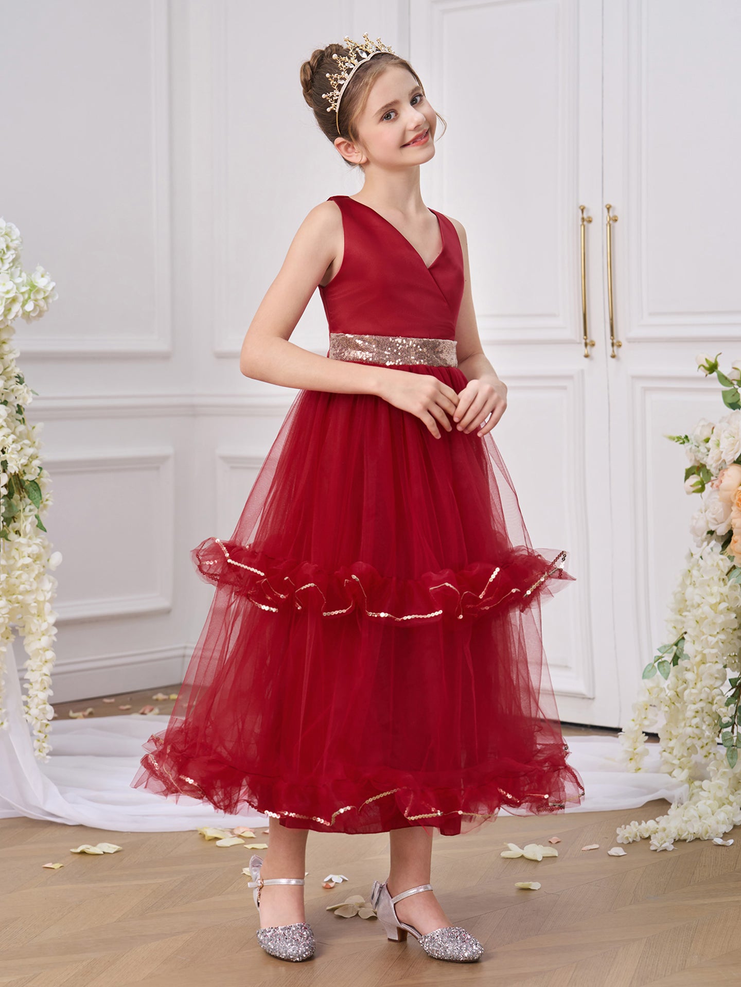 Girls Solid V-Neck Ruffles A-Line Dress