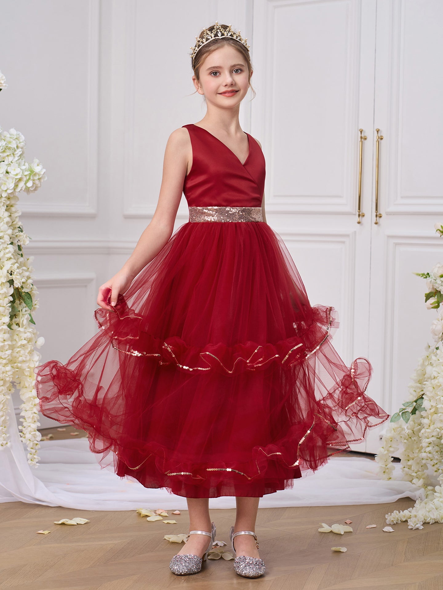 Girls Solid V-Neck Ruffles A-Line Dress