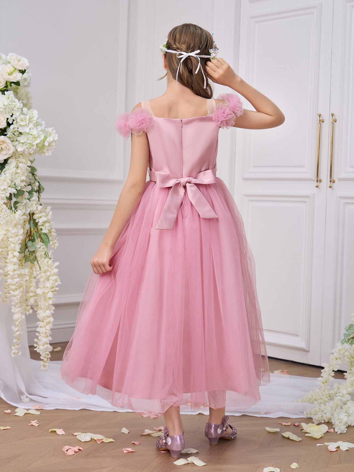 Girls Solid Choker Neck Ruffles A-Line Dress