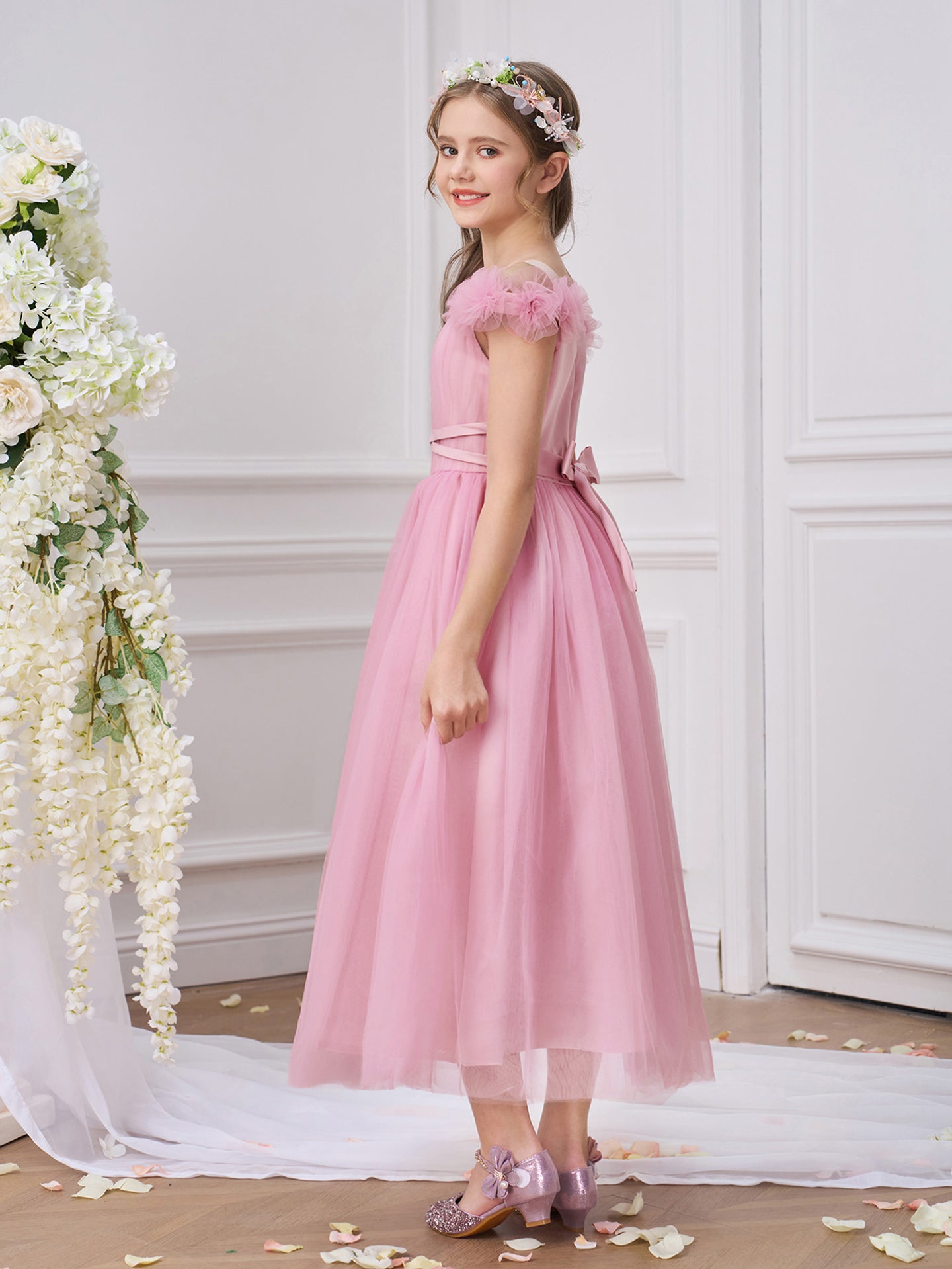 Girls Solid Choker Neck Ruffles A-Line Dress