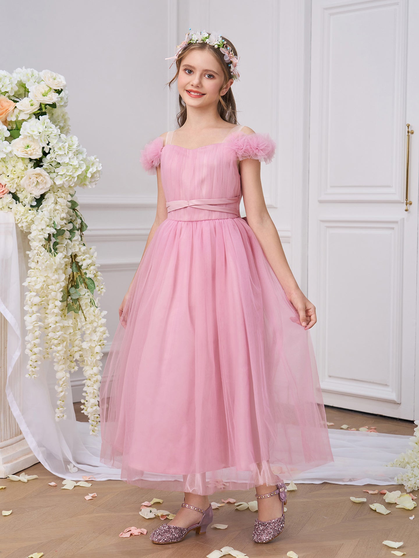 Girls Solid Choker Neck Ruffles A-Line Dress