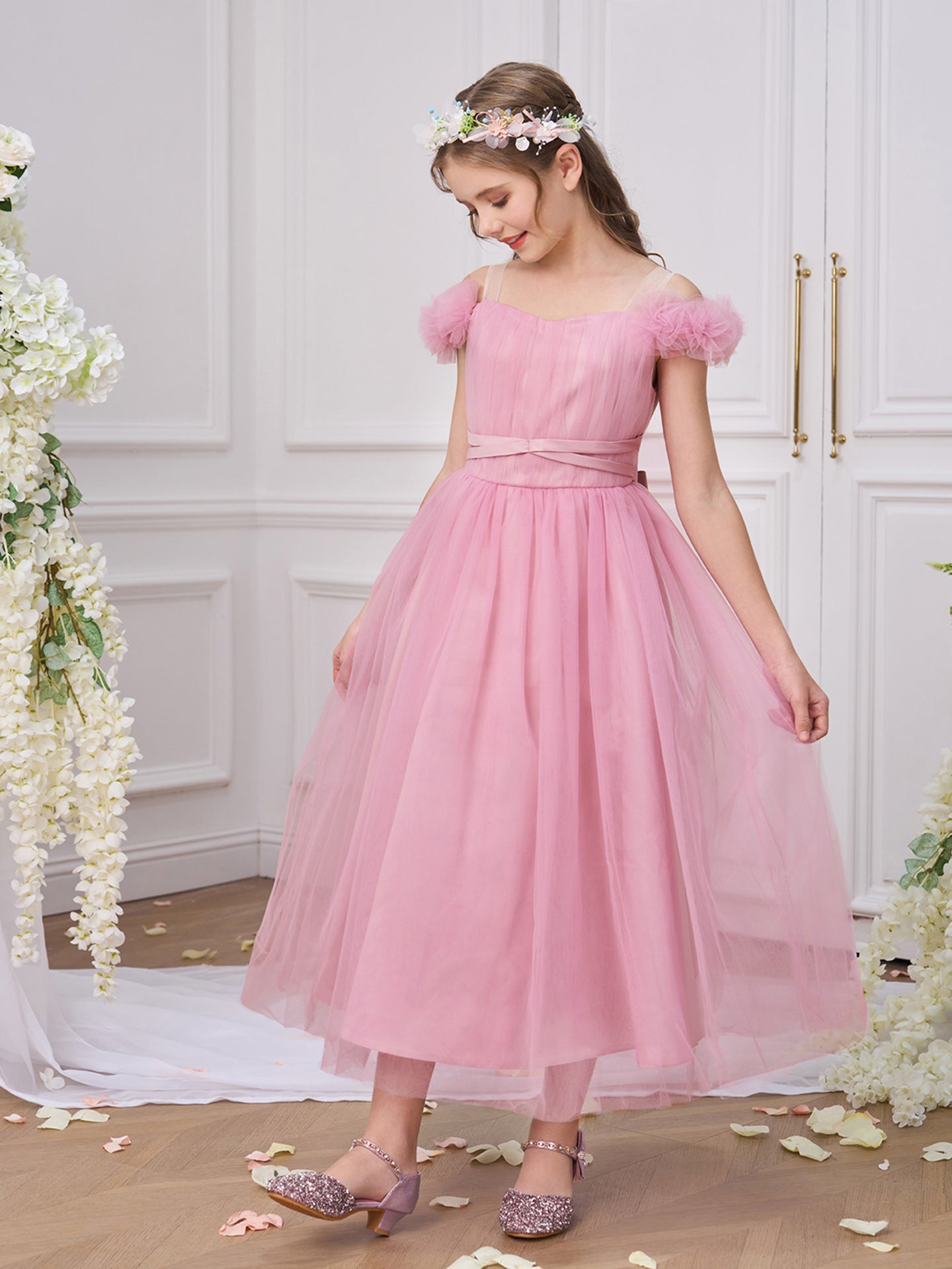 Girls Solid Choker Neck Ruffles A-Line Dress