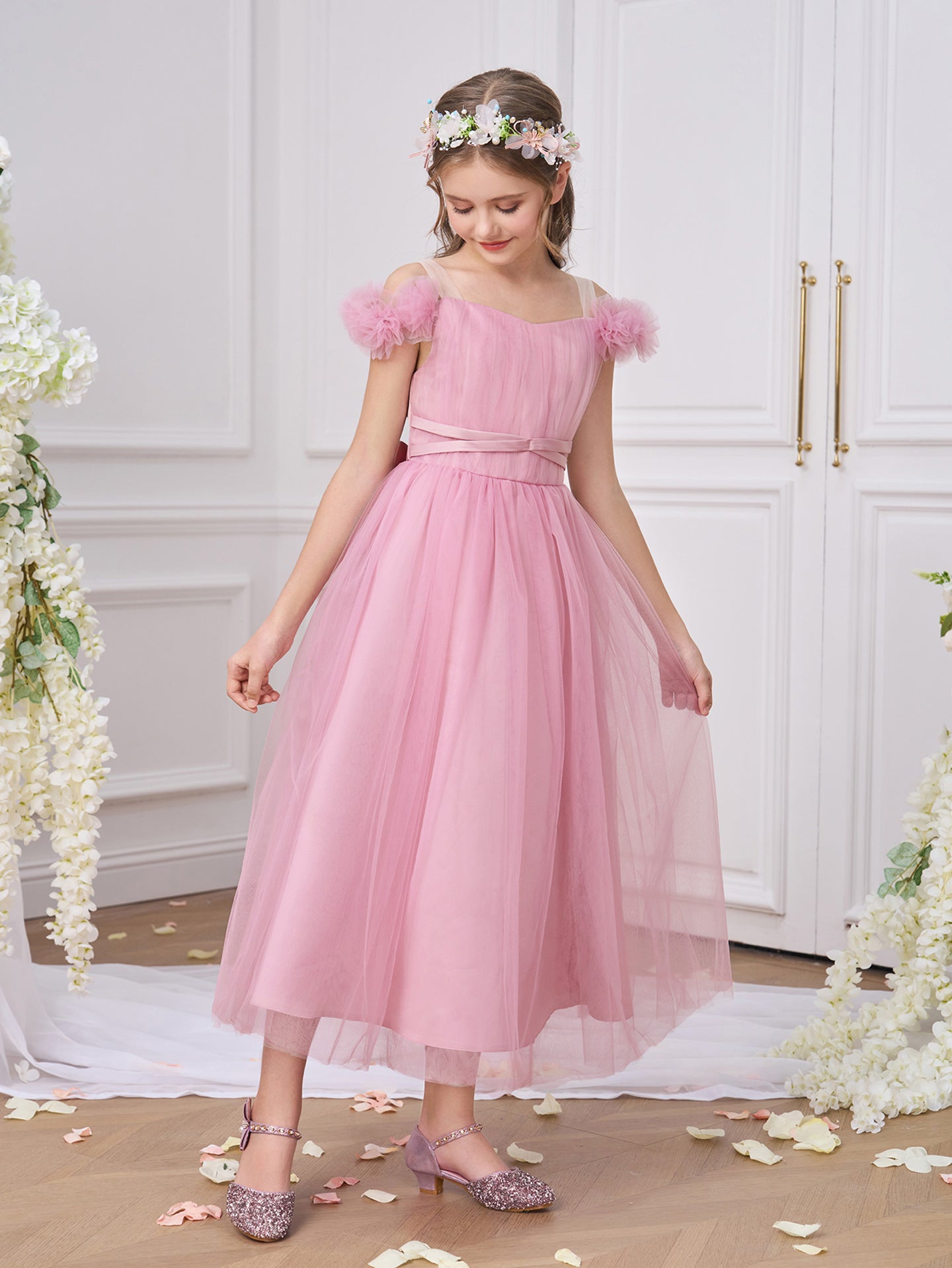 Girls Solid Choker Neck Ruffles A-Line Dress