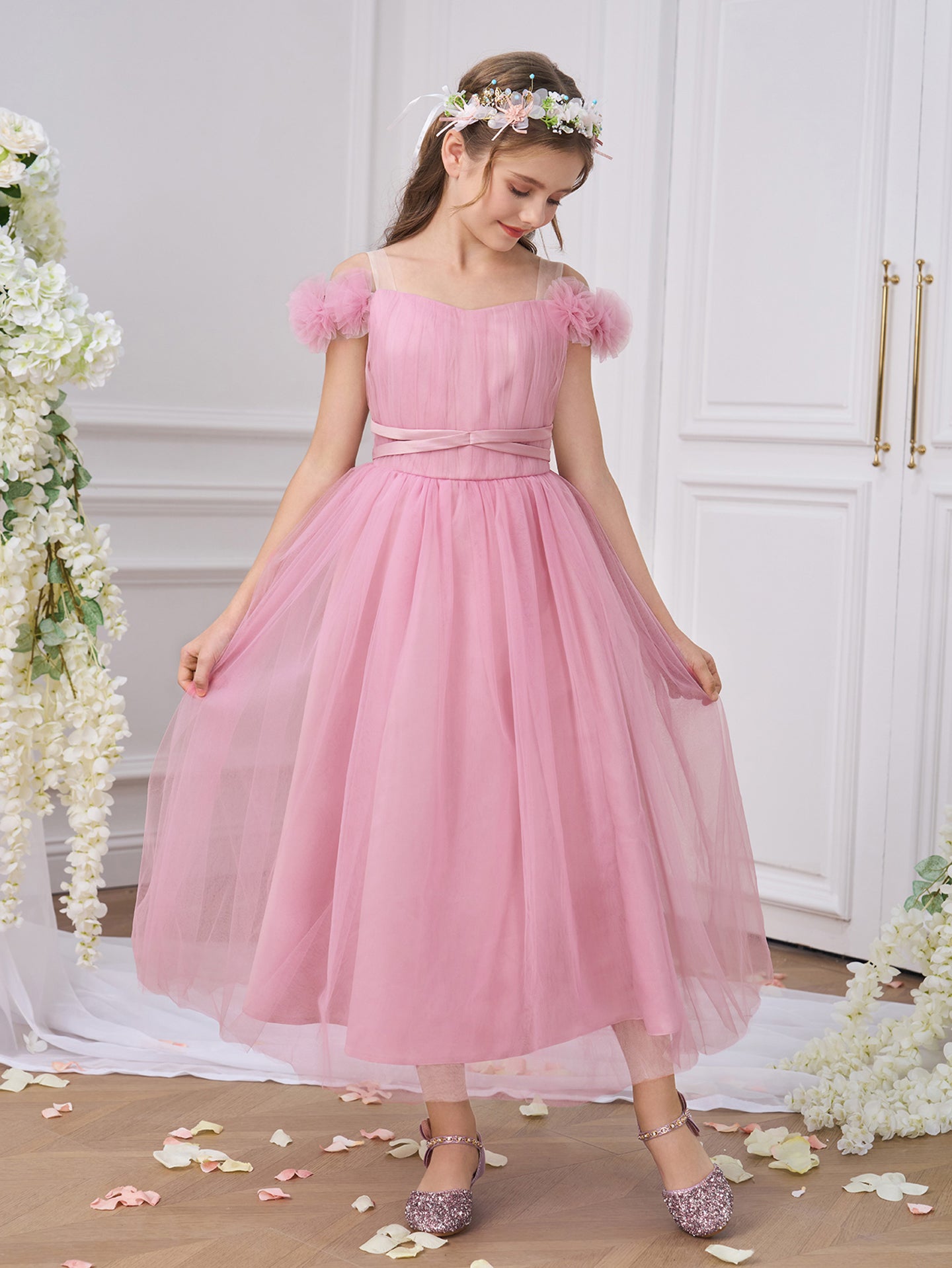 Girls Solid Choker Neck Ruffles A-Line Dress