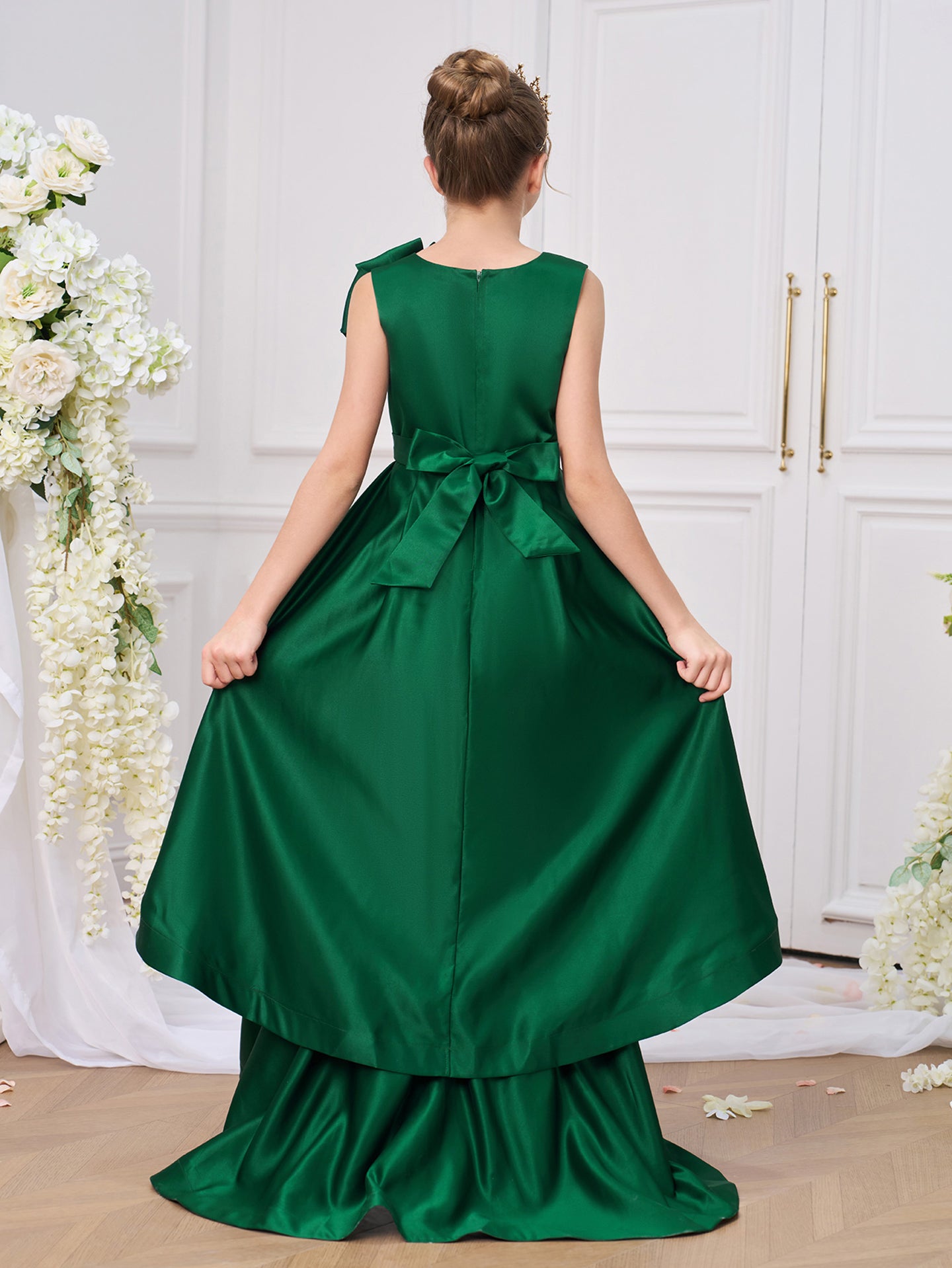 Girls Solid Round Neck Ruffles A-Line Dress