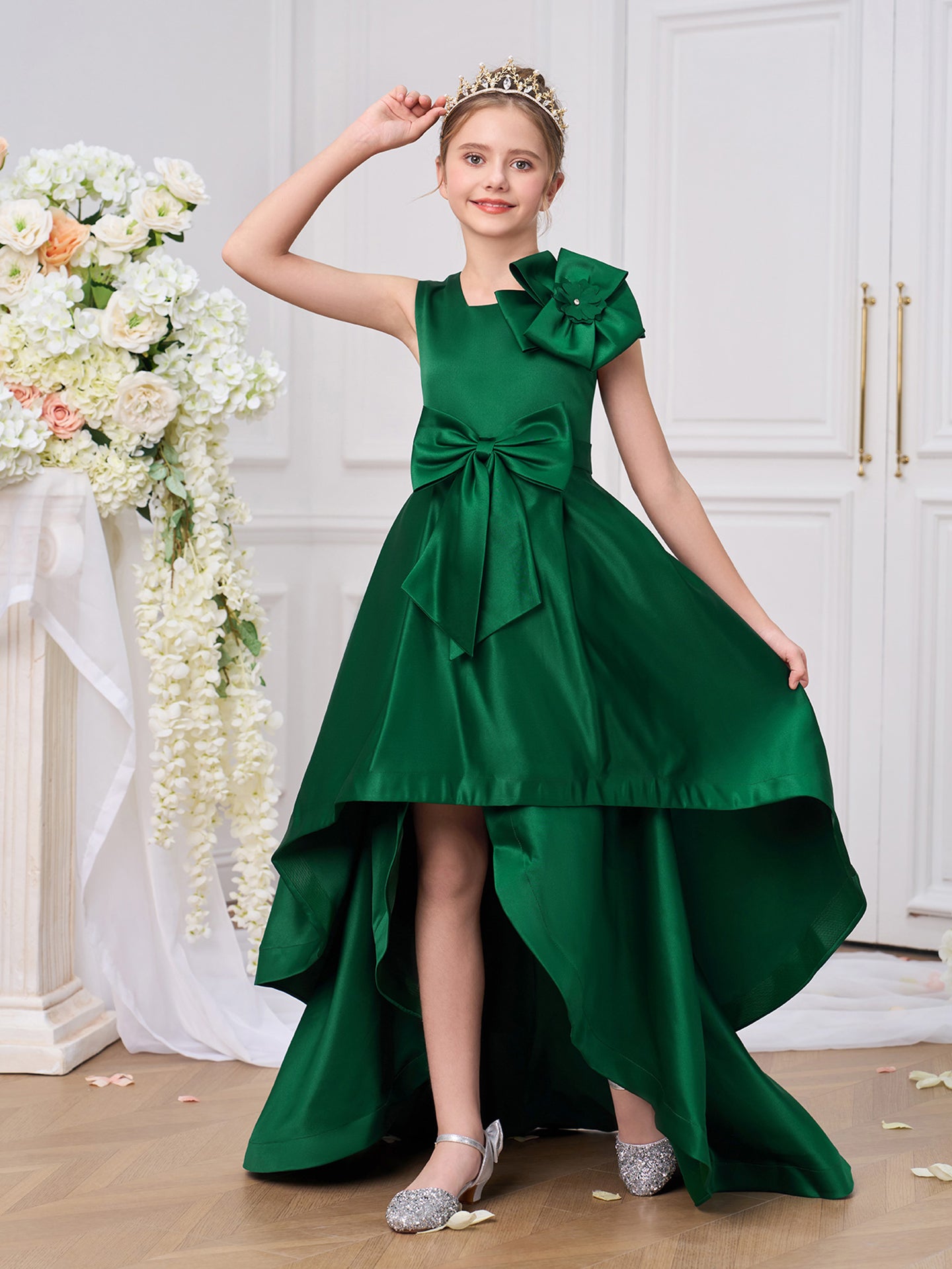 Girls Solid Round Neck Ruffles A-Line Dress